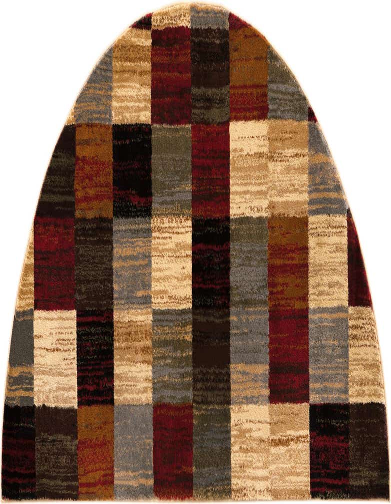 Multi-colored hearth rug with a modern abstract patchwork pattern in shades of red, brown, beige, and gray.