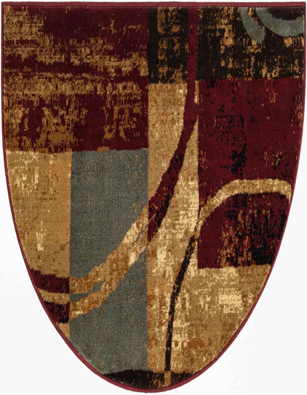 A 2' 7 x 4' 0 hearth rug with a modern abstract pattern in shades of red, gold, black, and gray.