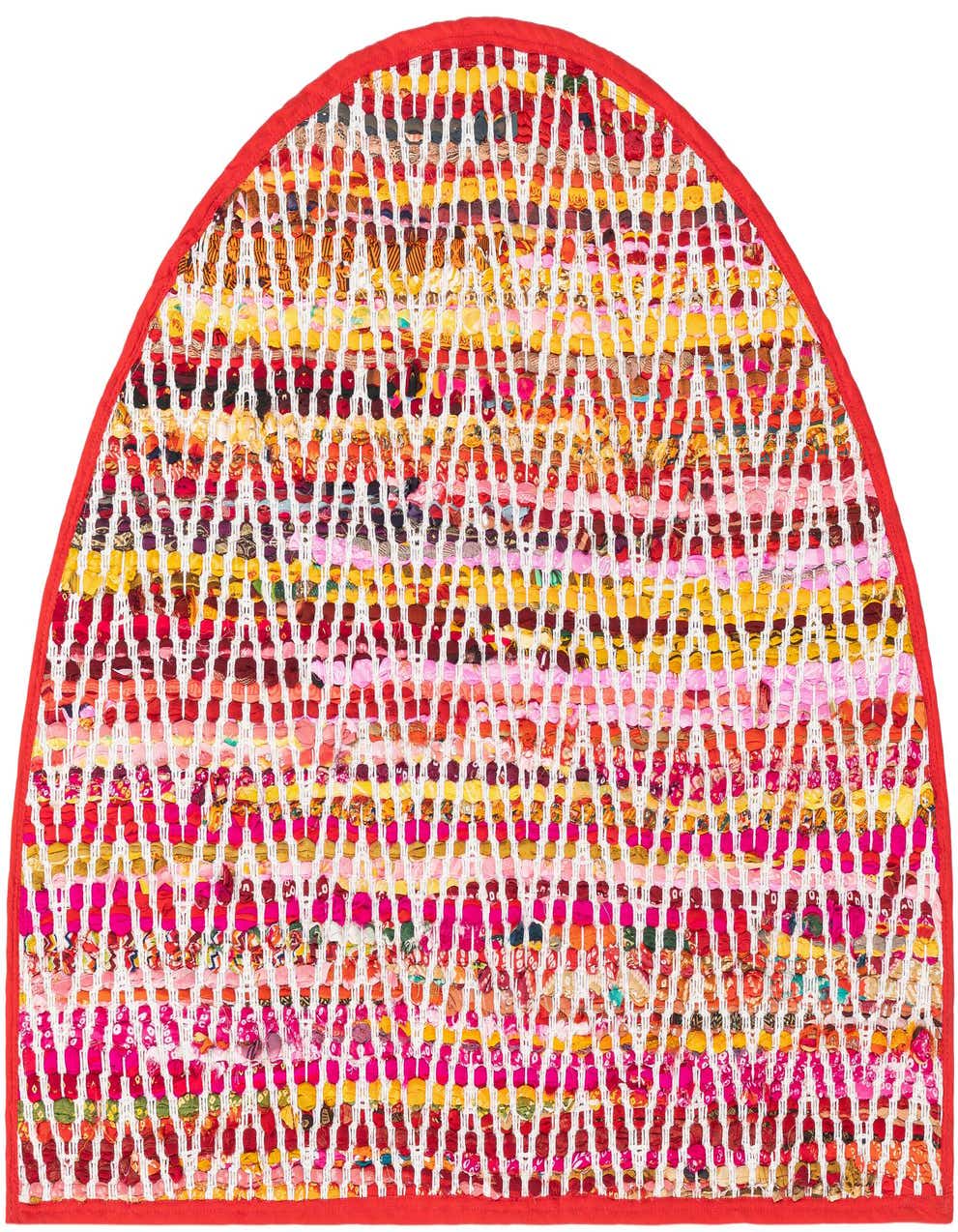 A multi-colored Chindi Chevron hearth rug with a vibrant zigzag pattern and a red border, made from recycled cotton.