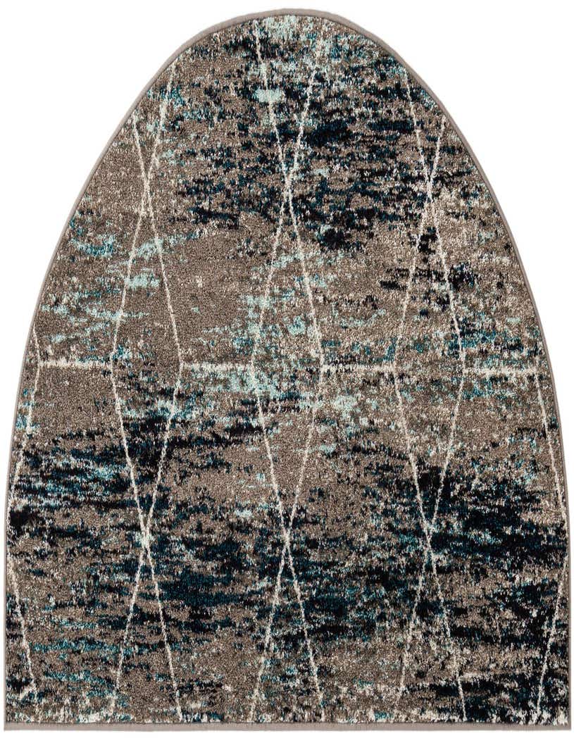 A 3'x6' hearth-shaped rug featuring a modern trellis pattern in multi-colored tones of brown, black, and teal.