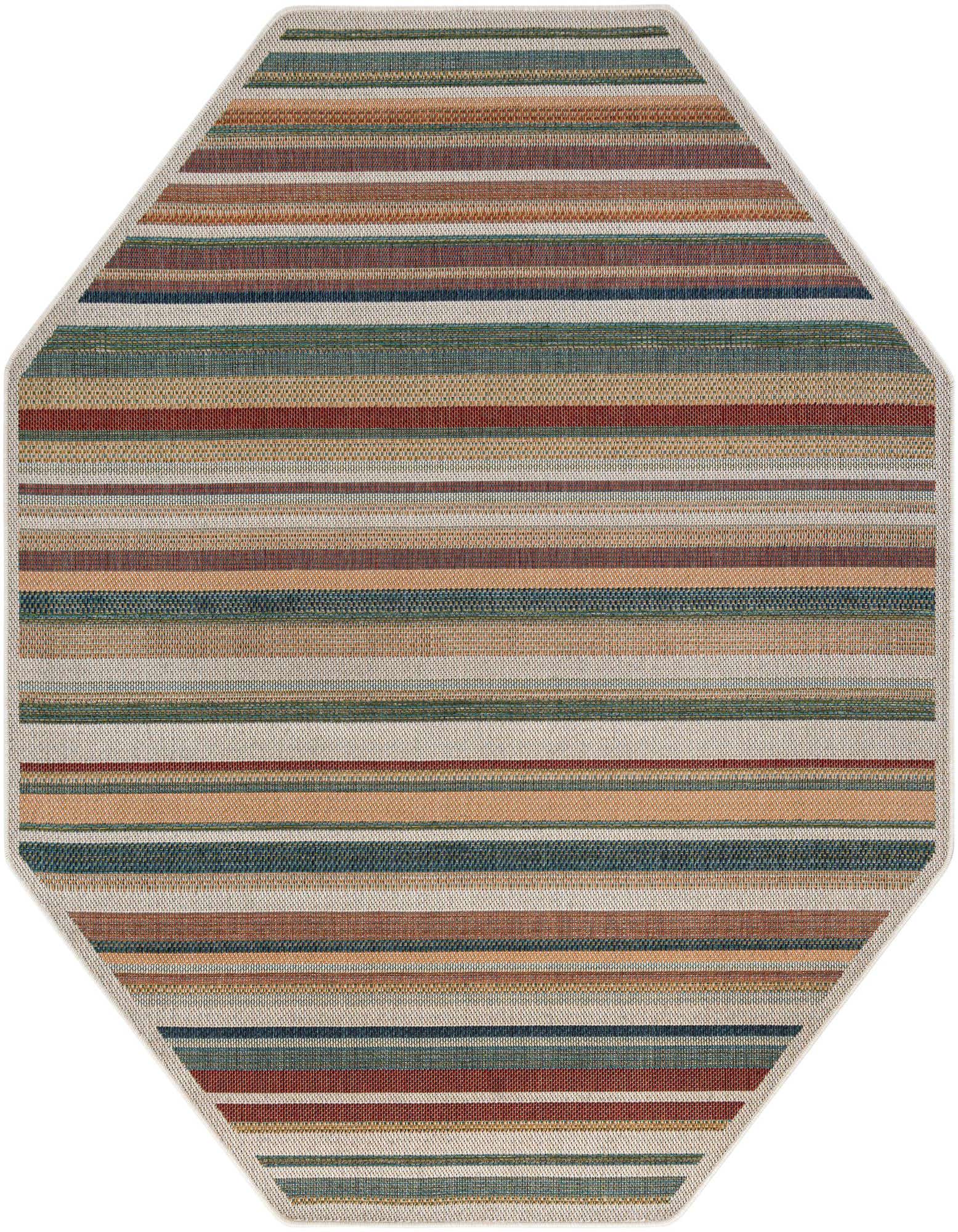 An octagon-shaped Baja Outdoor rug featuring multi-colored horizontal stripes in various widths, ideal for a patio.