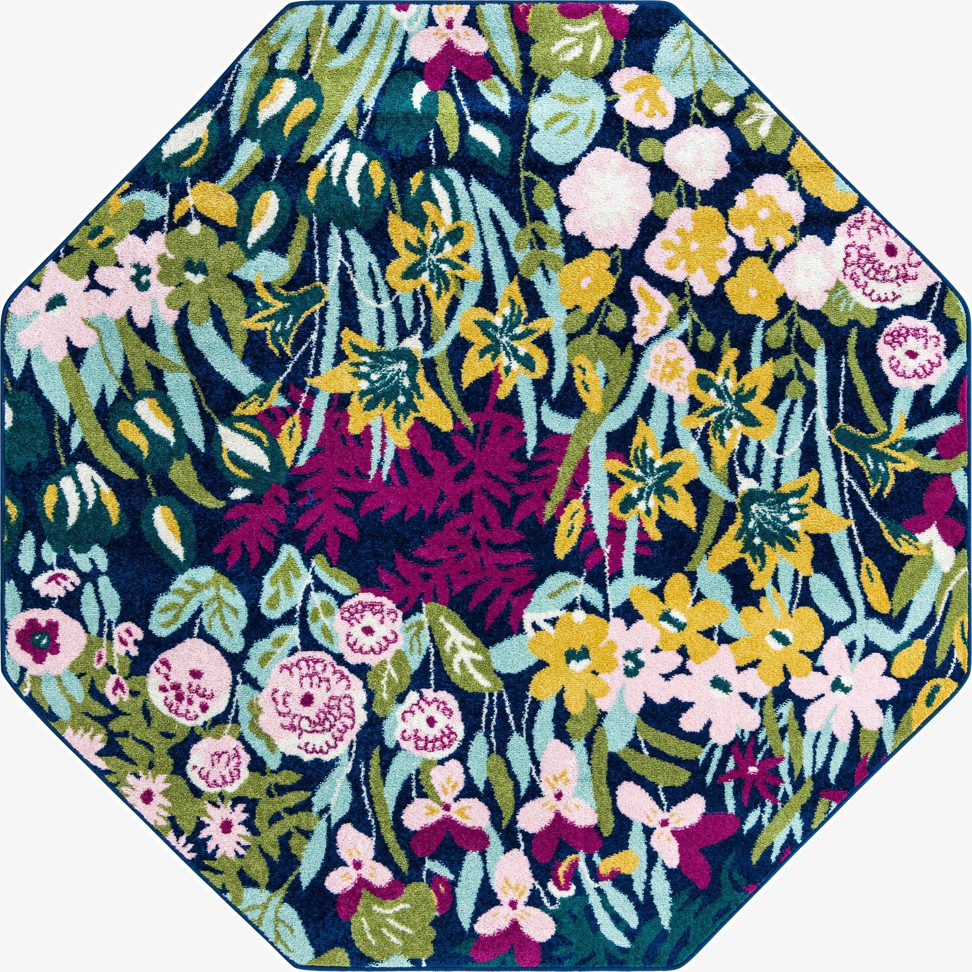 A vibrant multi-colored octagon rug featuring a dense modern floral pattern with pink, yellow, green, and purple blooms on a dark blue background.