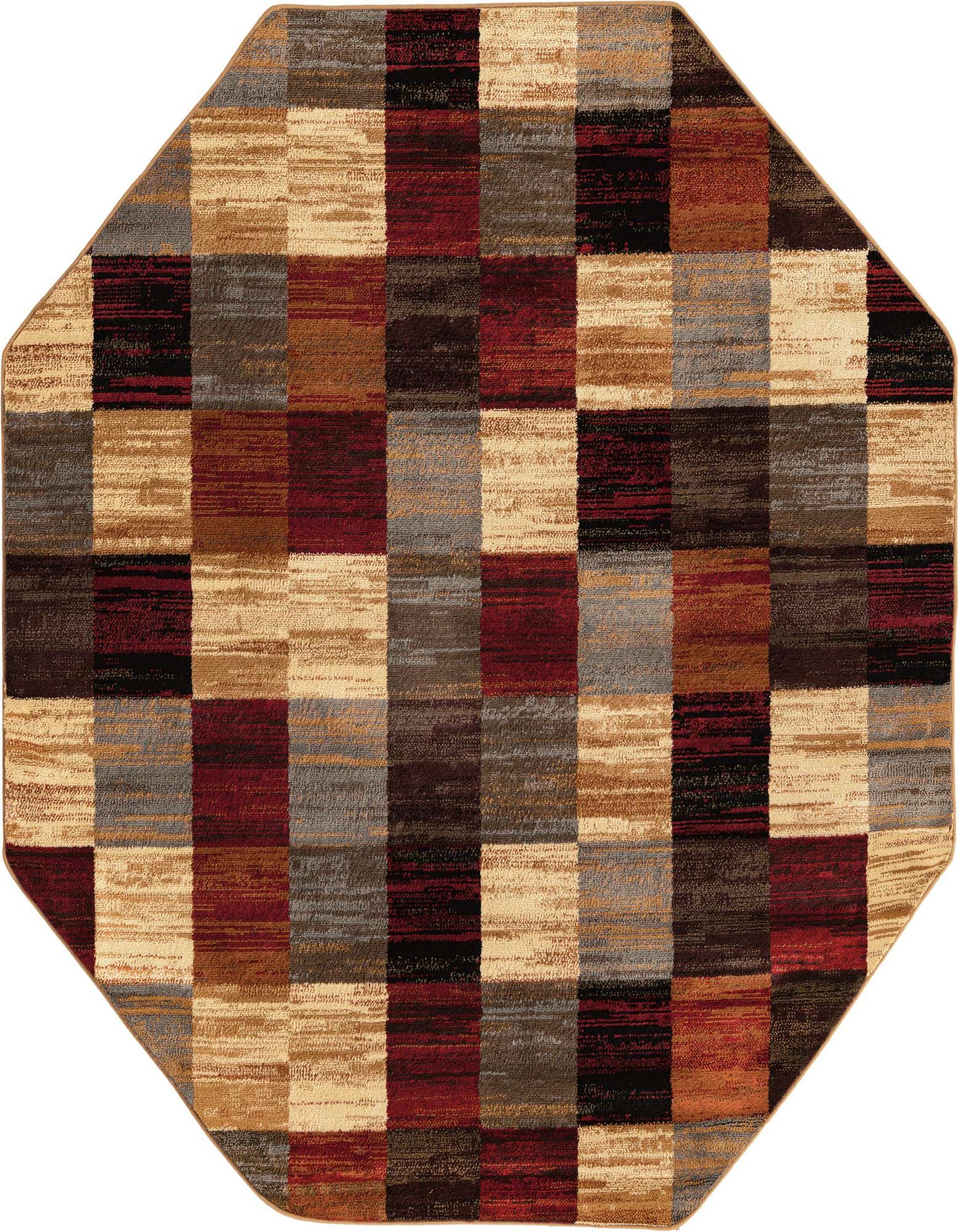 Octagon area rug with a multi-colored plaid pattern, featuring shades of red, brown, beige, black, and grey.