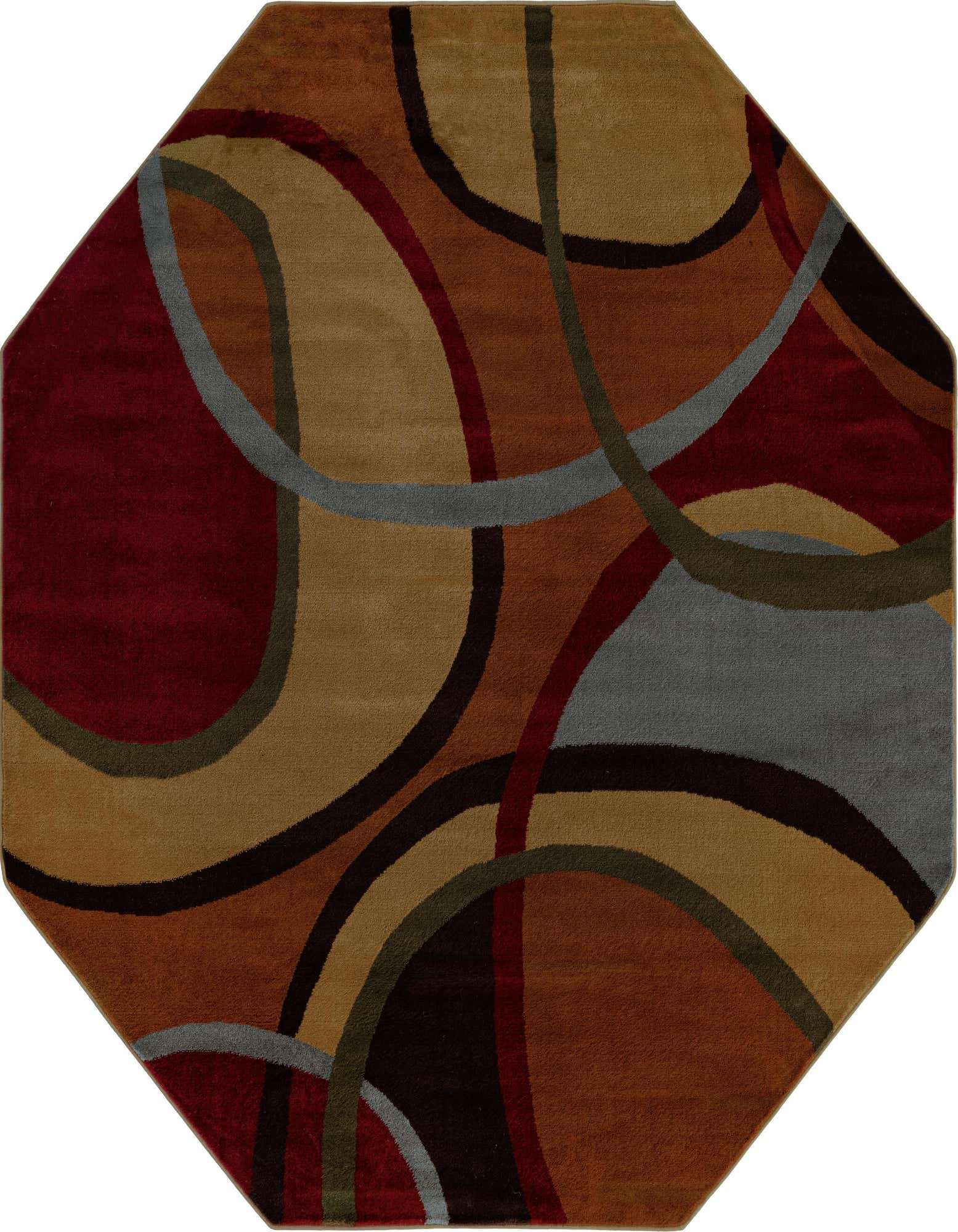 7' 0 x 7' 0 octagon rug with a modern abstract pattern in multi-colored hues of red, brown, gold, and grey.