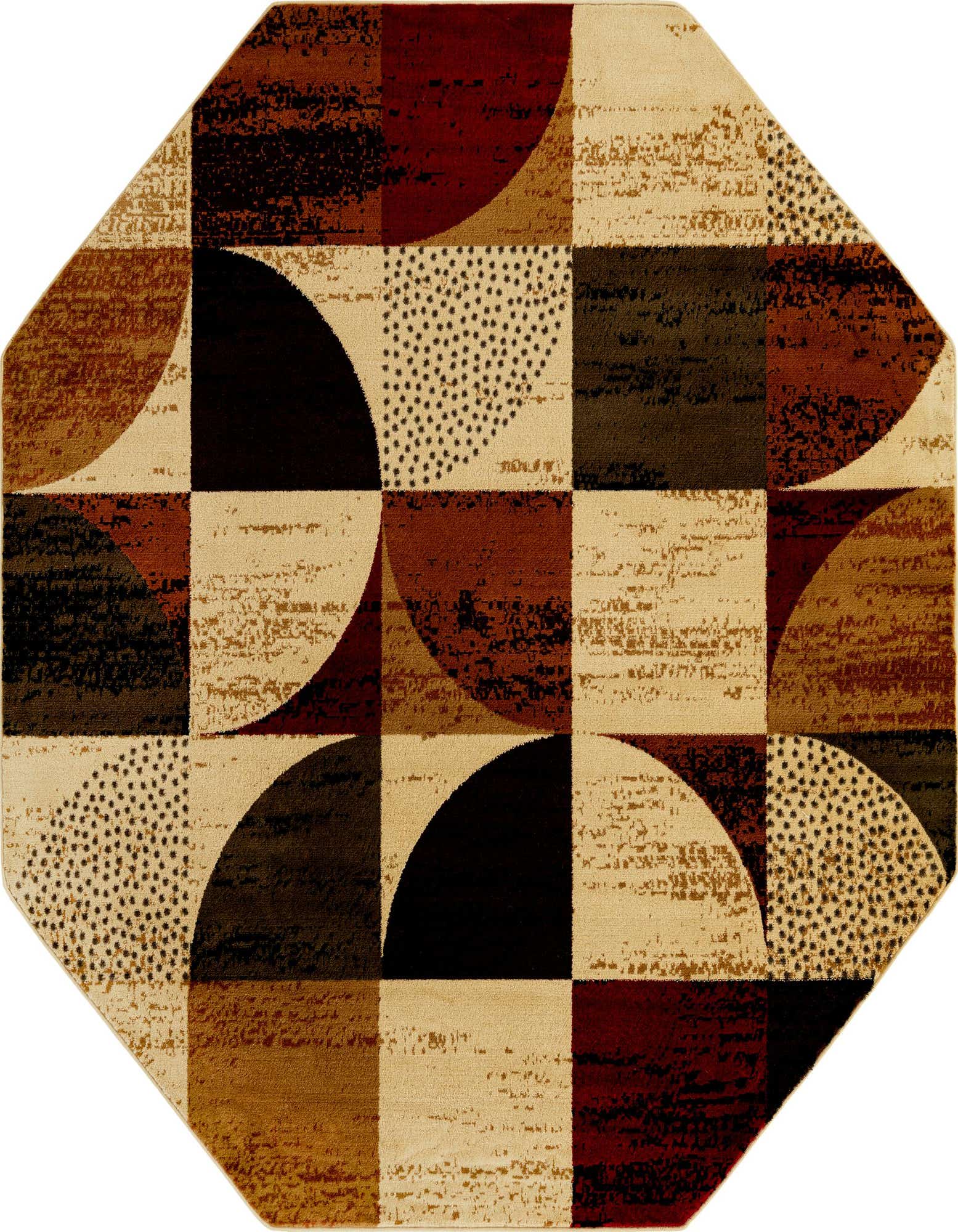Octagon rug with a modern geometric pattern in multi-colored shades of brown, black, cream, and red.