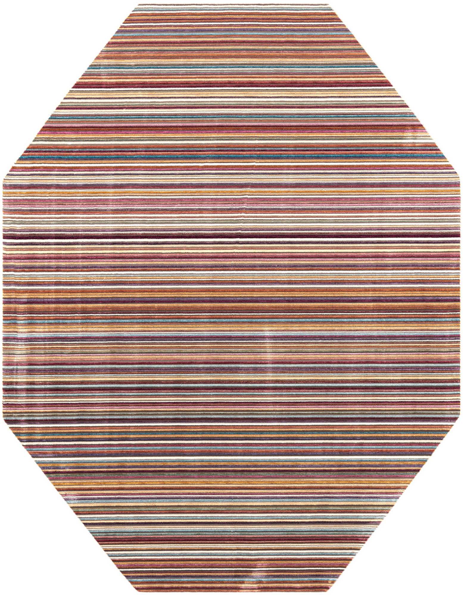 Octagon-shaped rug with thin, horizontal stripes in various colors including red, orange, blue, and purple.