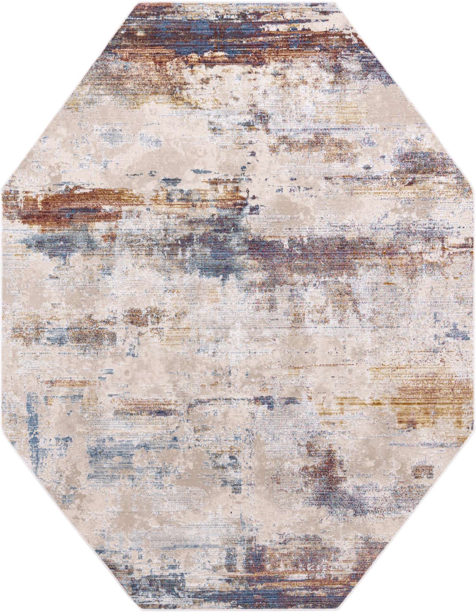 Octagon-shaped Deepa rug with a multi-colored abstract pattern featuring distressed blues, browns, and creams.