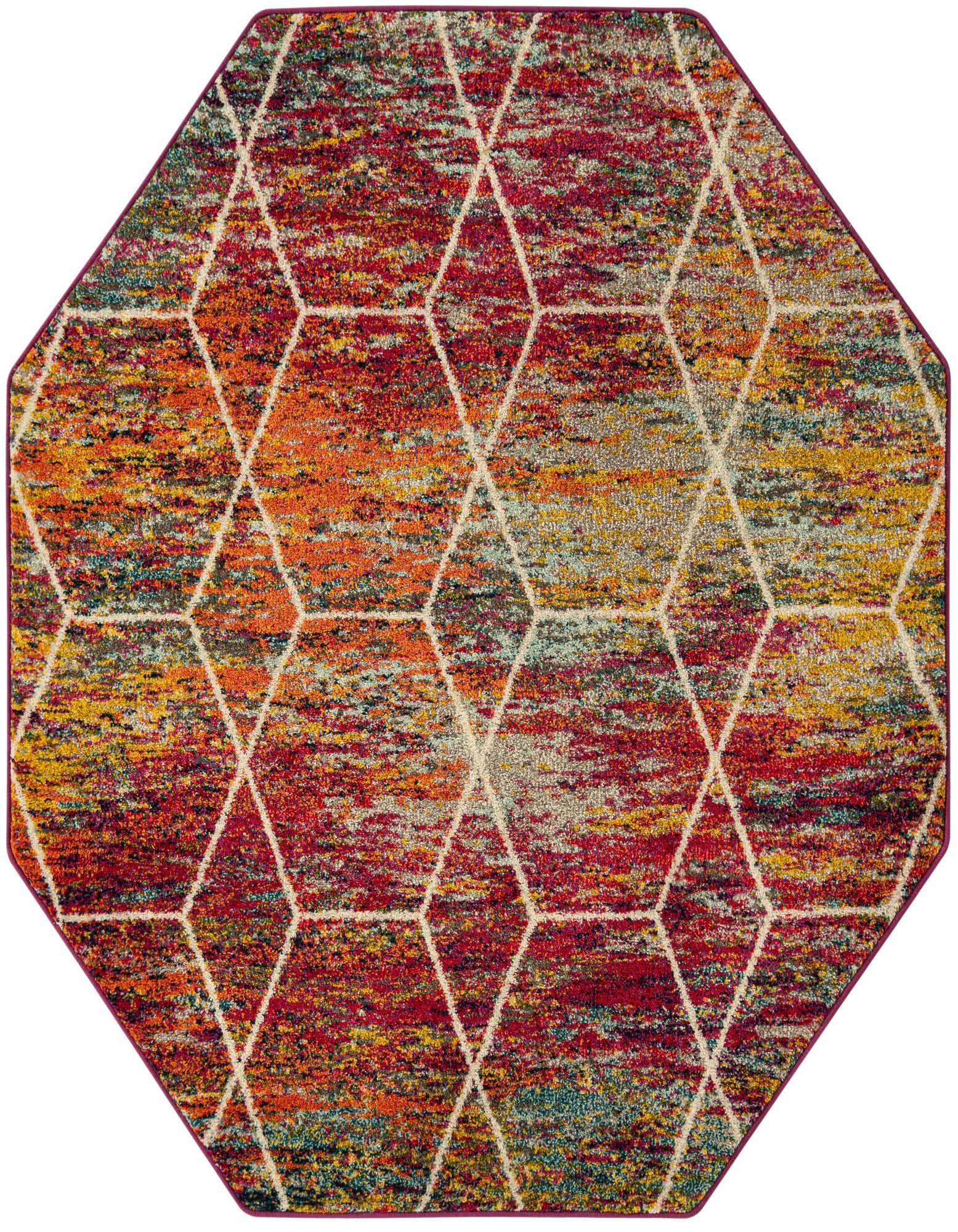 A 5' 3 x 5' 3 octagon rug featuring a vibrant multi-colored abstract background with a white modern trellis pattern.