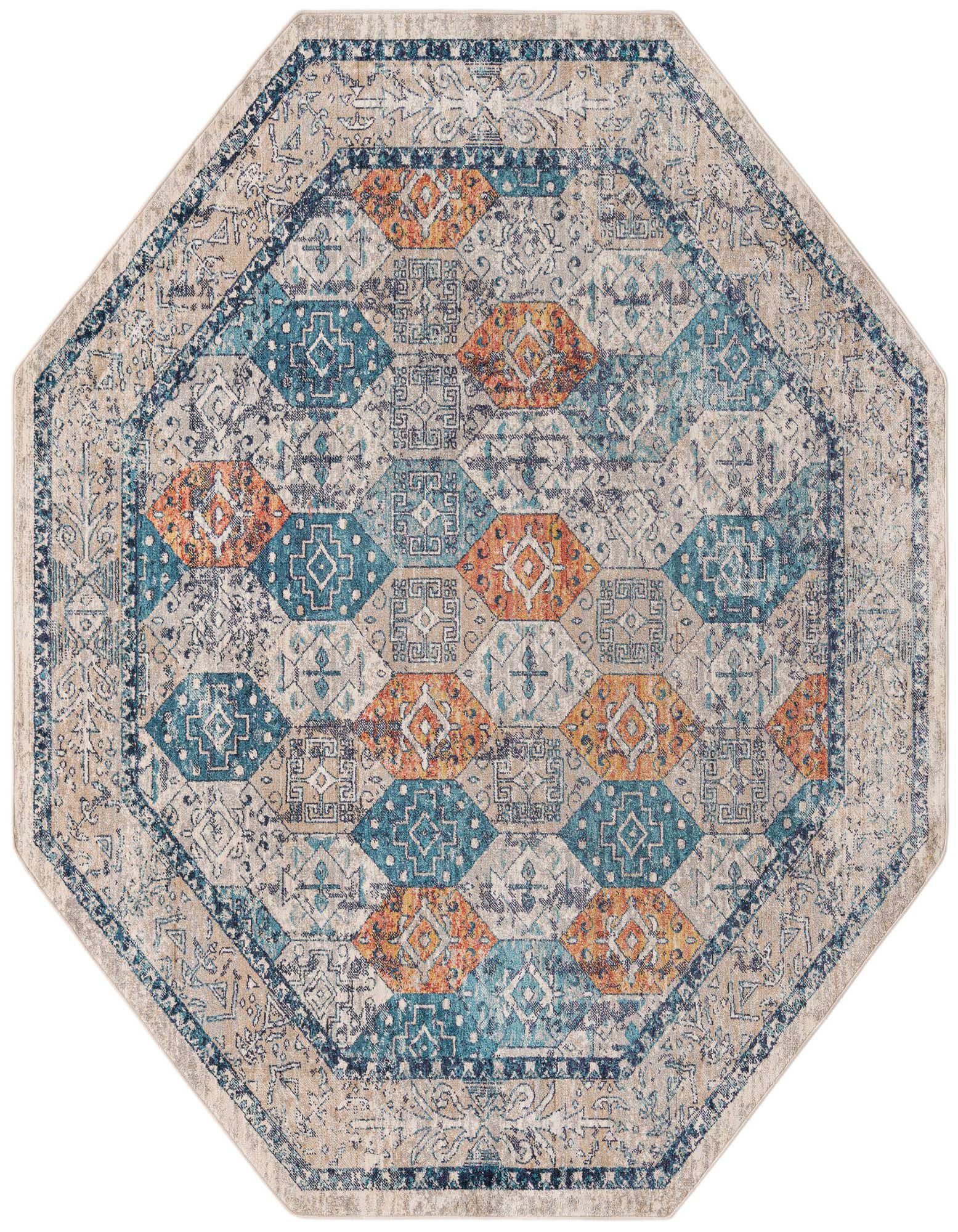 An octagon-shaped multi-colored rug with a distressed traditional pattern in shades of blue, orange, and beige.