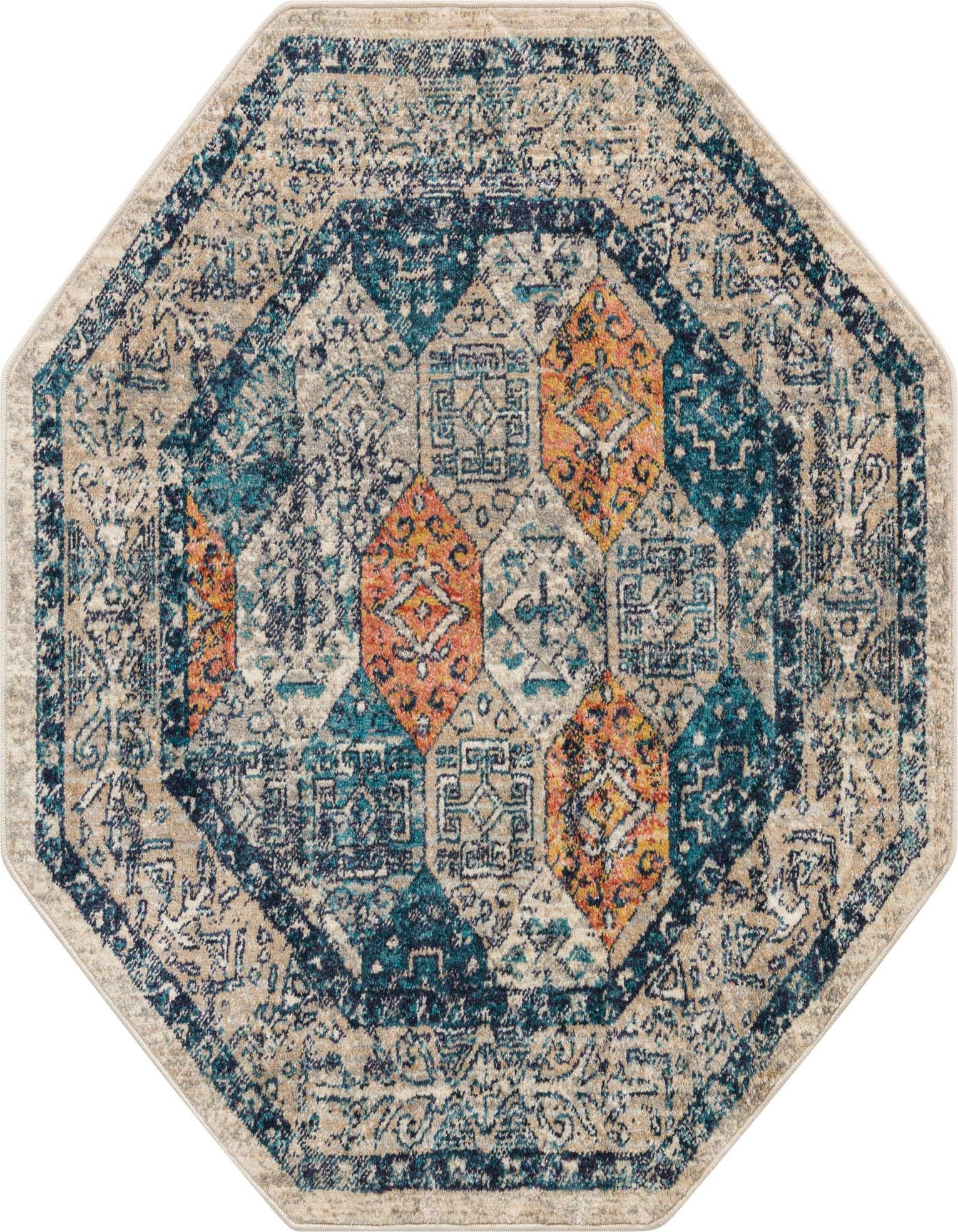 A 4' 0 x 4' 0 octagon rug with a multi-colored traditional vintage pattern, featuring shades of blue, orange, and beige.