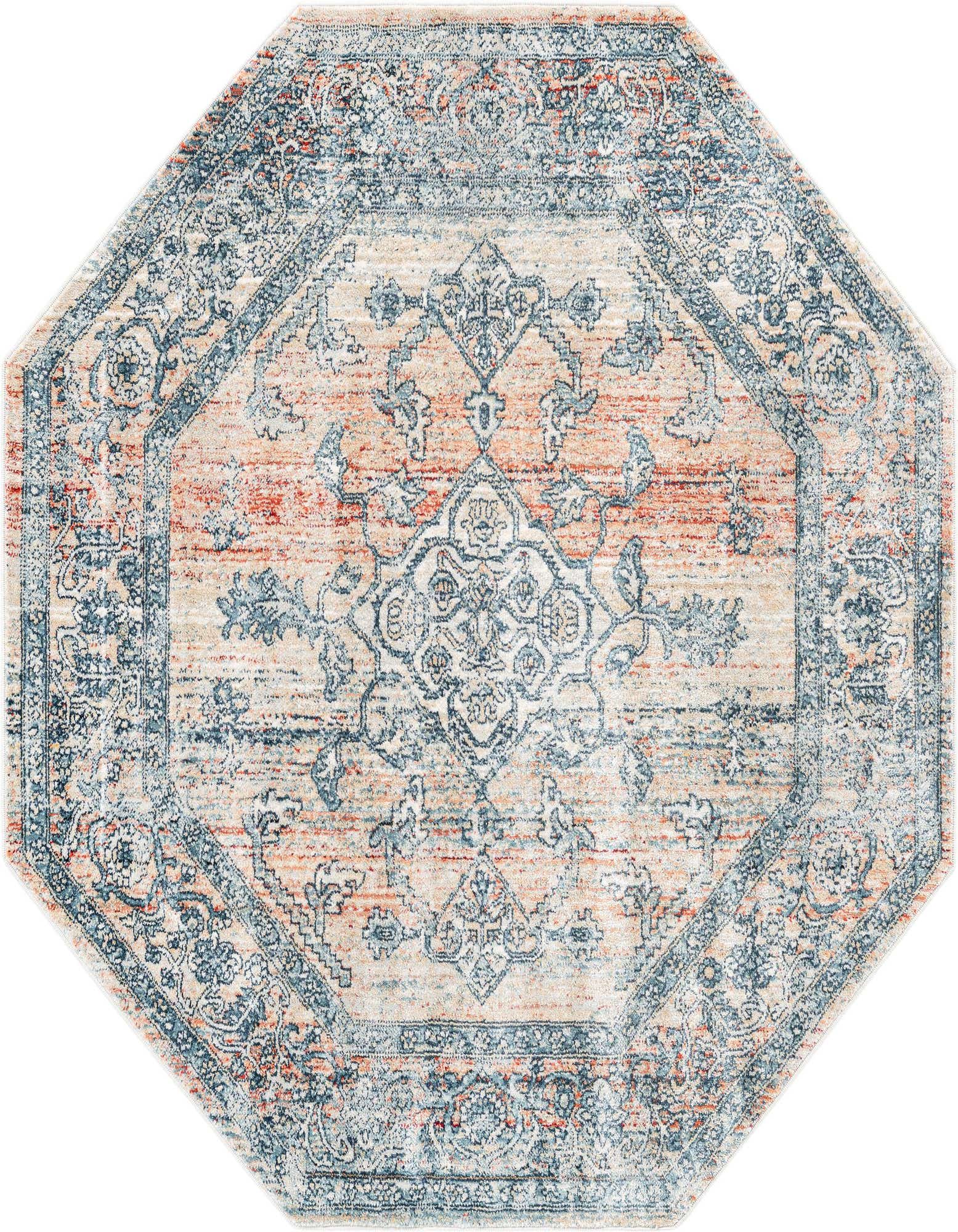 A 4'x4' octagon rug featuring a distressed traditional medallion pattern in shades of blue, orange, and cream.