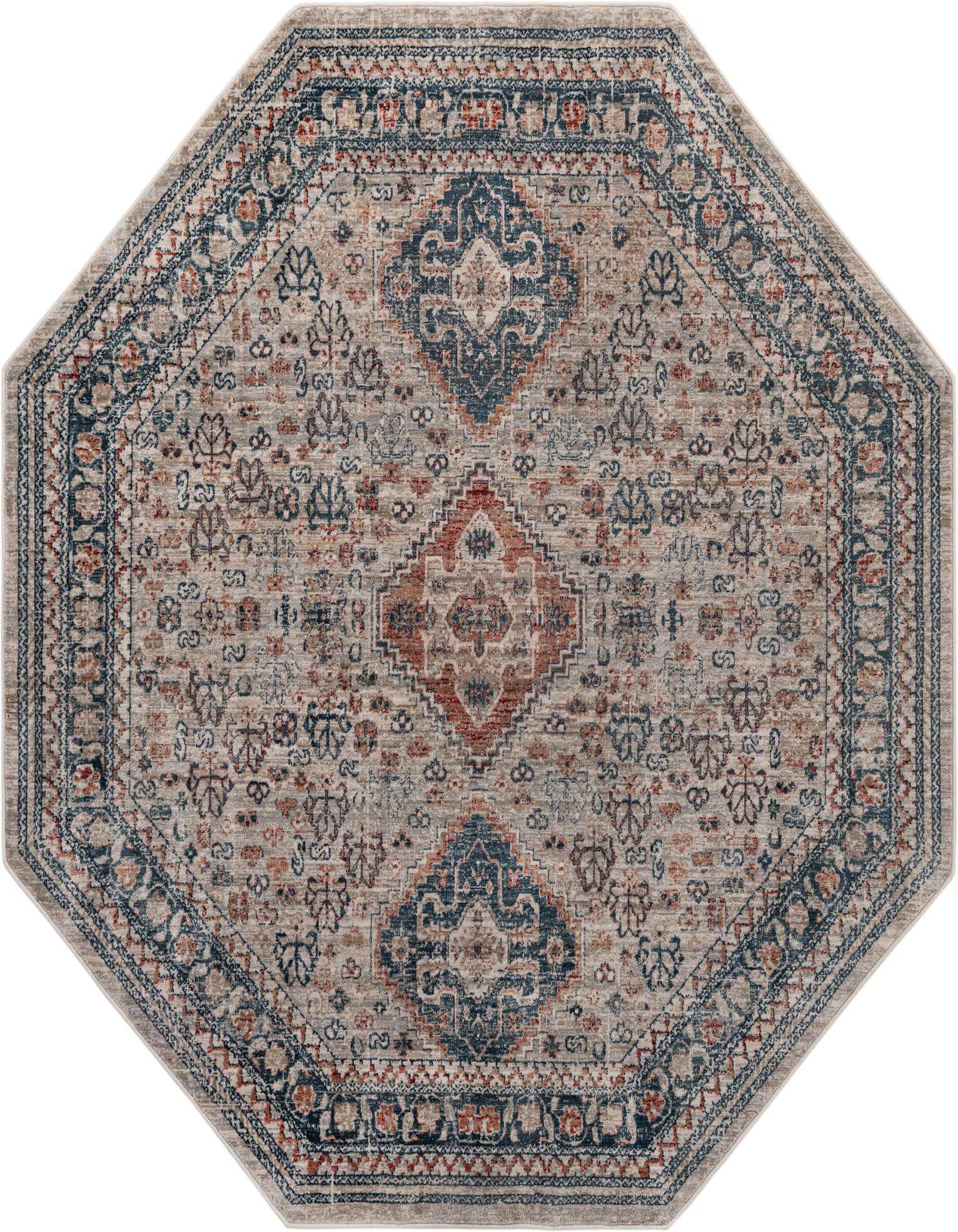 An octagon-shaped area rug featuring a multi-colored vintage oriental pattern with dominant shades of blue, rust, and beige.
