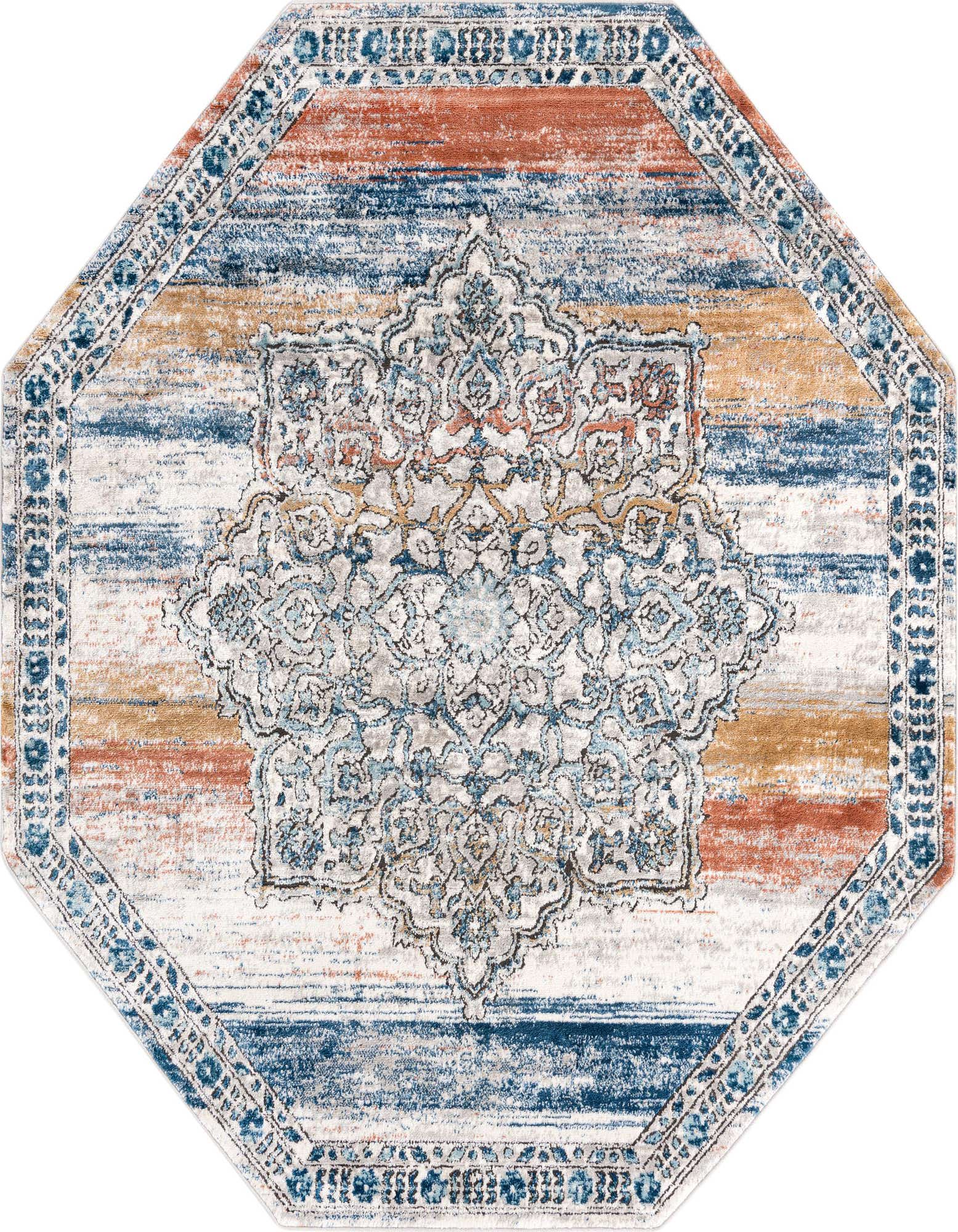A multi-colored 7' 0 x 7' 0 octagon rug featuring a central medallion and vintage-inspired stripes in blue, orange, and white.