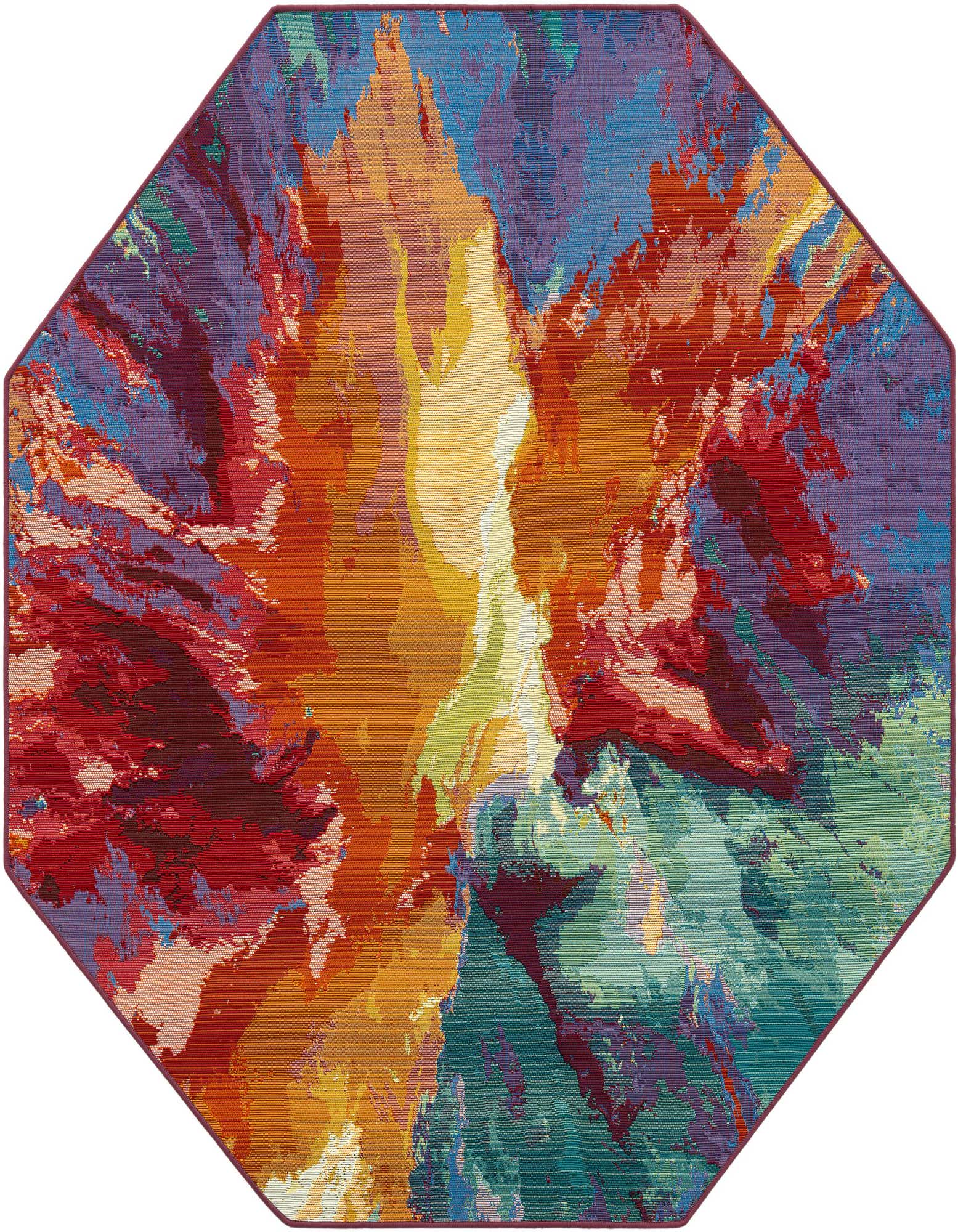 A vibrant multi-colored octagon rug with an abstract, painterly design featuring reds, oranges, blues, and purples, suitable for indoor or outdoor use.
