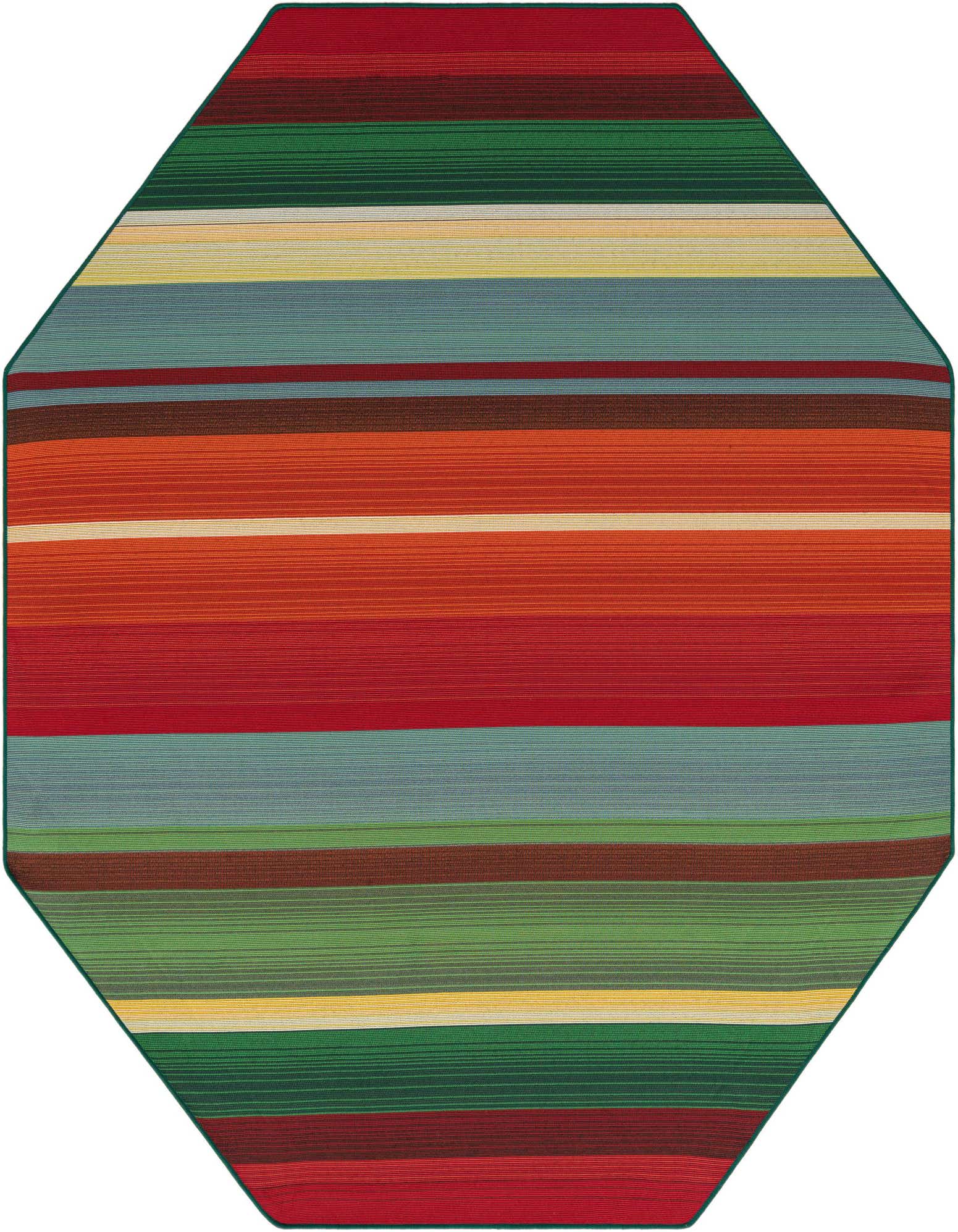 A 7' 0 x 7' 0 octagon rug featuring vibrant multi-colored stripes, suitable for indoor or outdoor use.