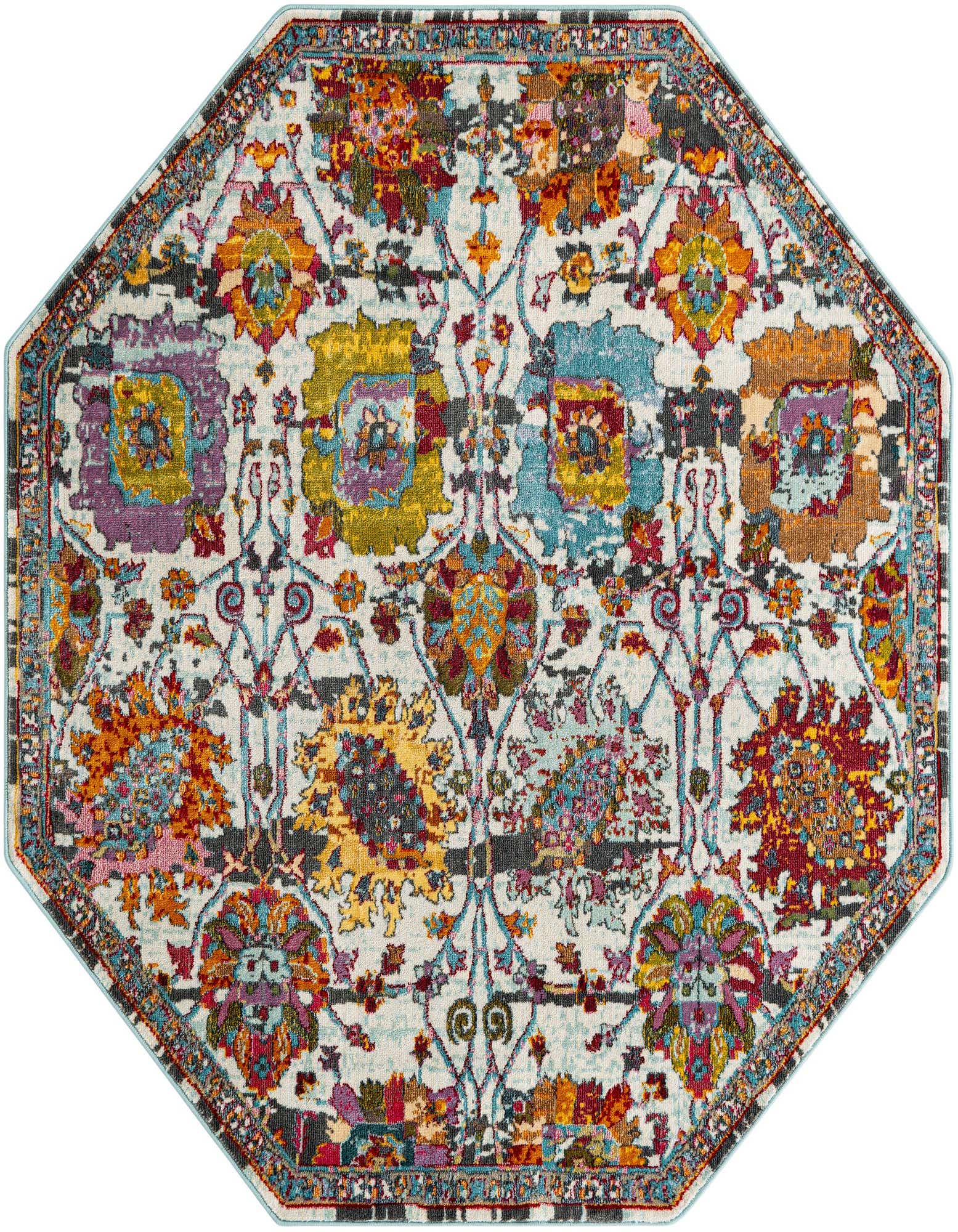 A multi-colored octagon rug with a traditional floral and vintage pattern on a light background, ideal for an indoor patio.