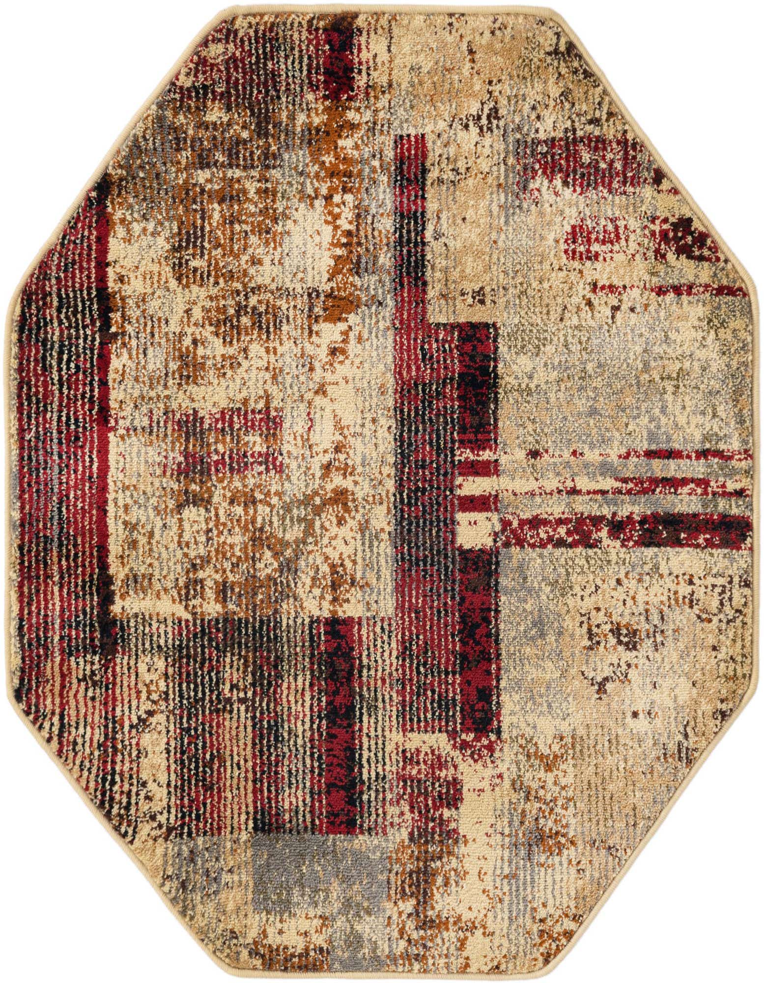 A 3' 3 x 3' 3 octagon rug with an abstract modern pattern in multi-colored hues of red, beige, brown, and gray.