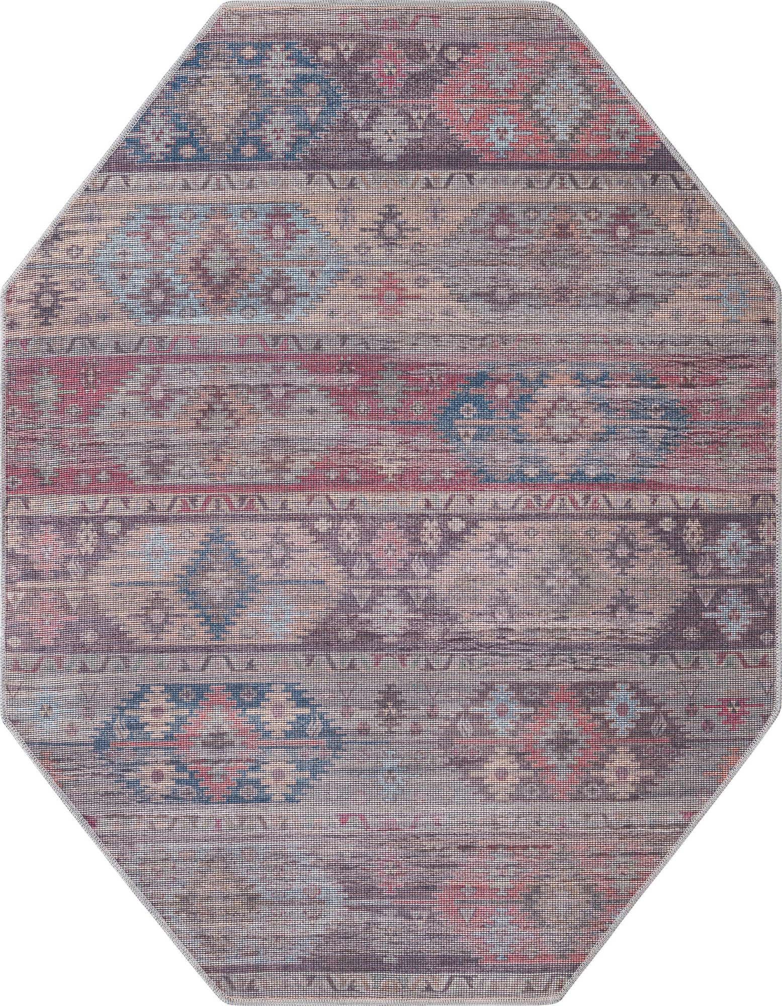 A 5'3" x 5'3" octagon rug with a multi-colored tribal and abstract pattern, featuring shades of blue, red, and beige.