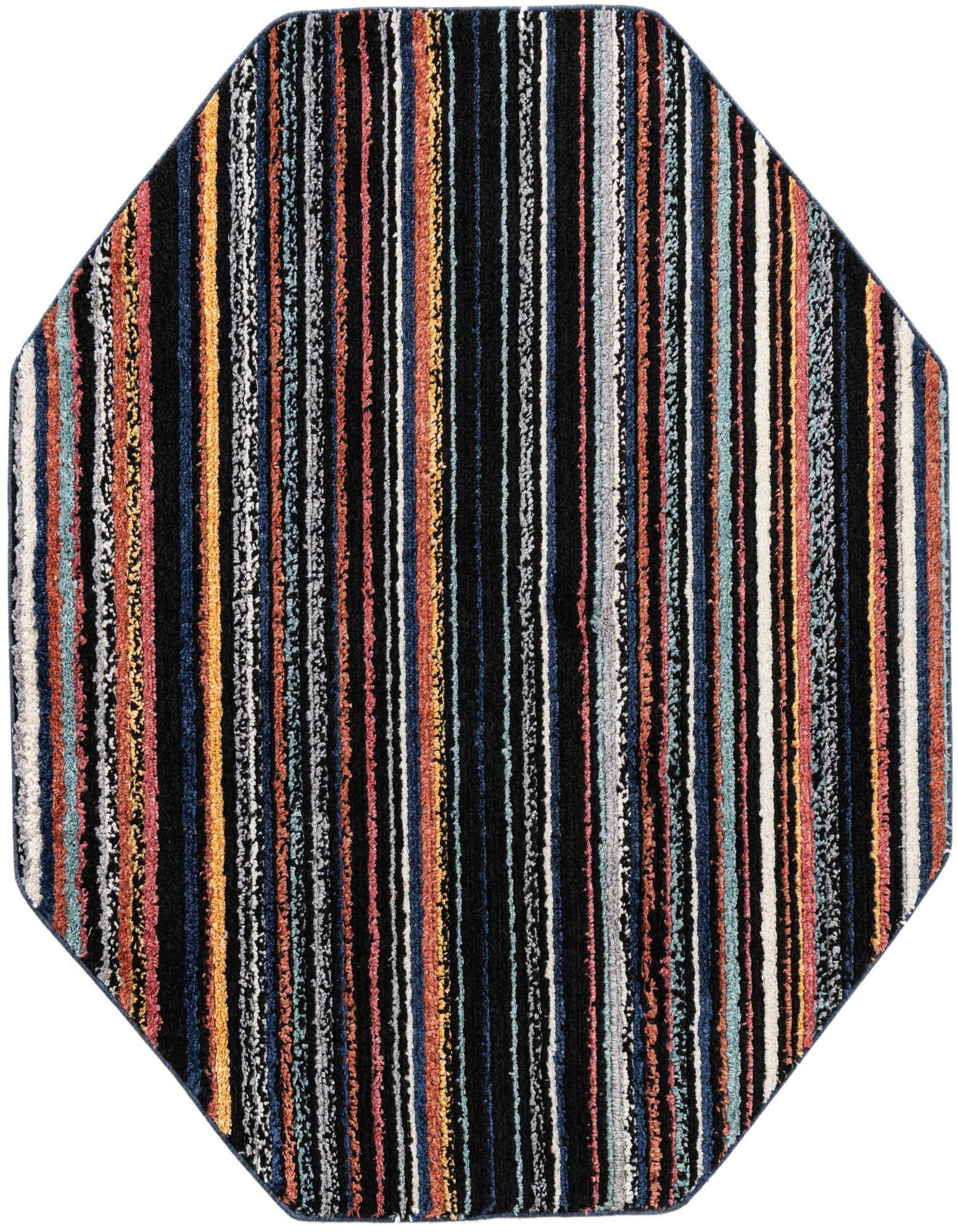 Octagon-shaped rug with vertical multi-colored stripes in black, orange, blue, and white, featuring a textured pile.