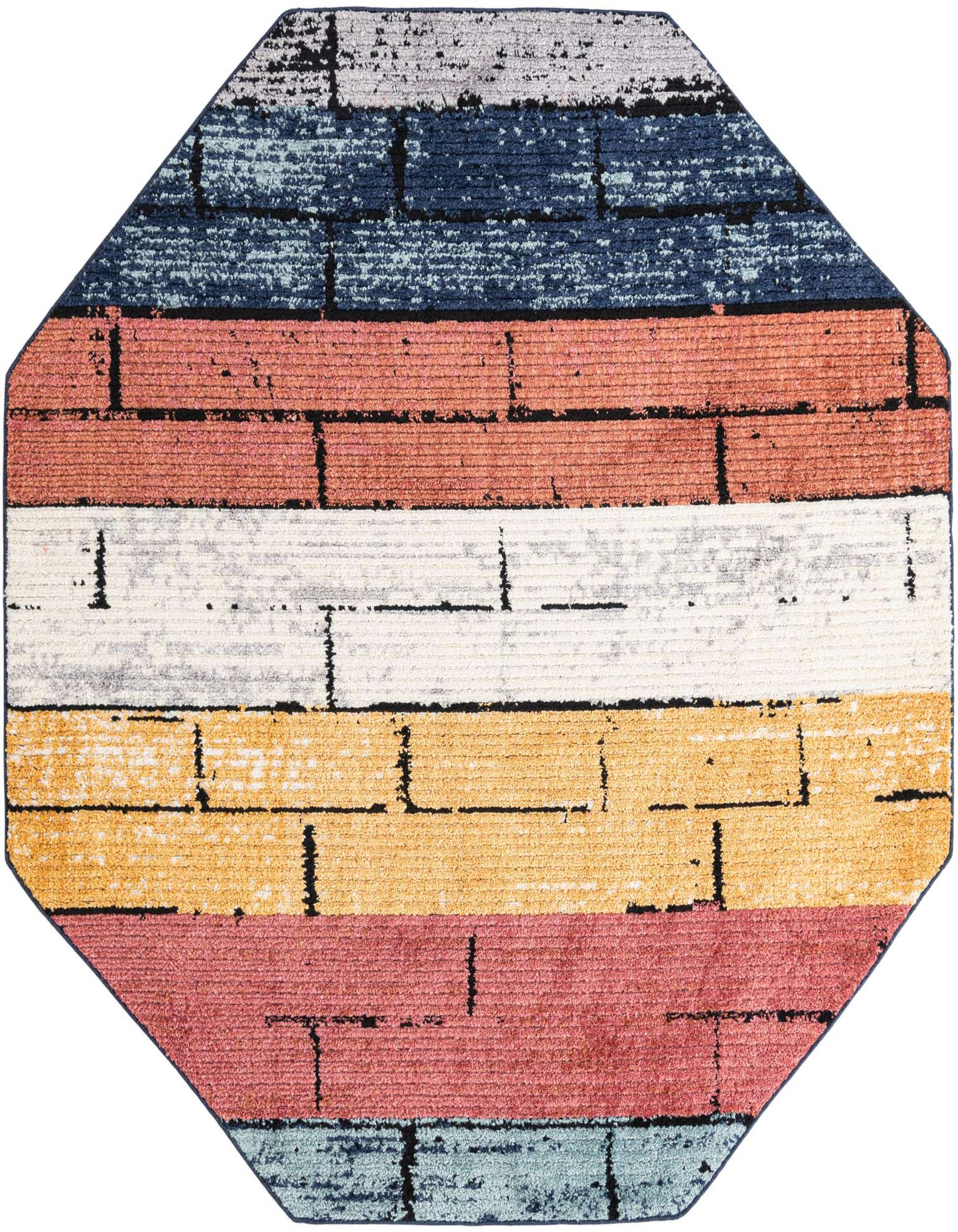 Octagon-shaped multi-colored modern rug with a distressed stripe pattern, featuring shades of blue, orange, white, yellow, and pink, ideal for a kid's room.