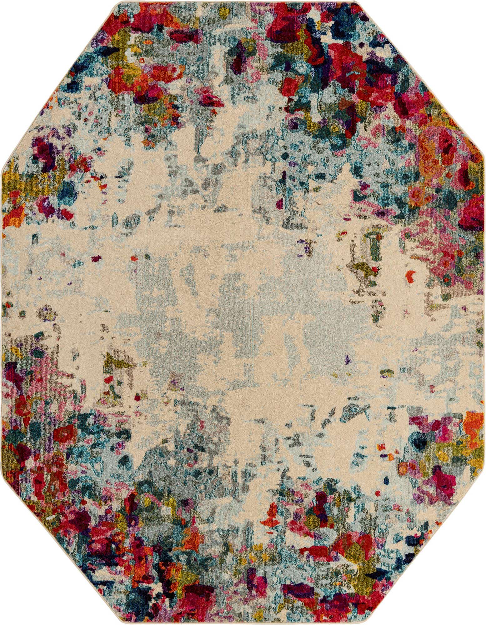 An 8' 0 x 8' 0 octagon rug with a multi-colored modern floral pattern on a light beige background, featuring splashes of red, blue, green, and purple.