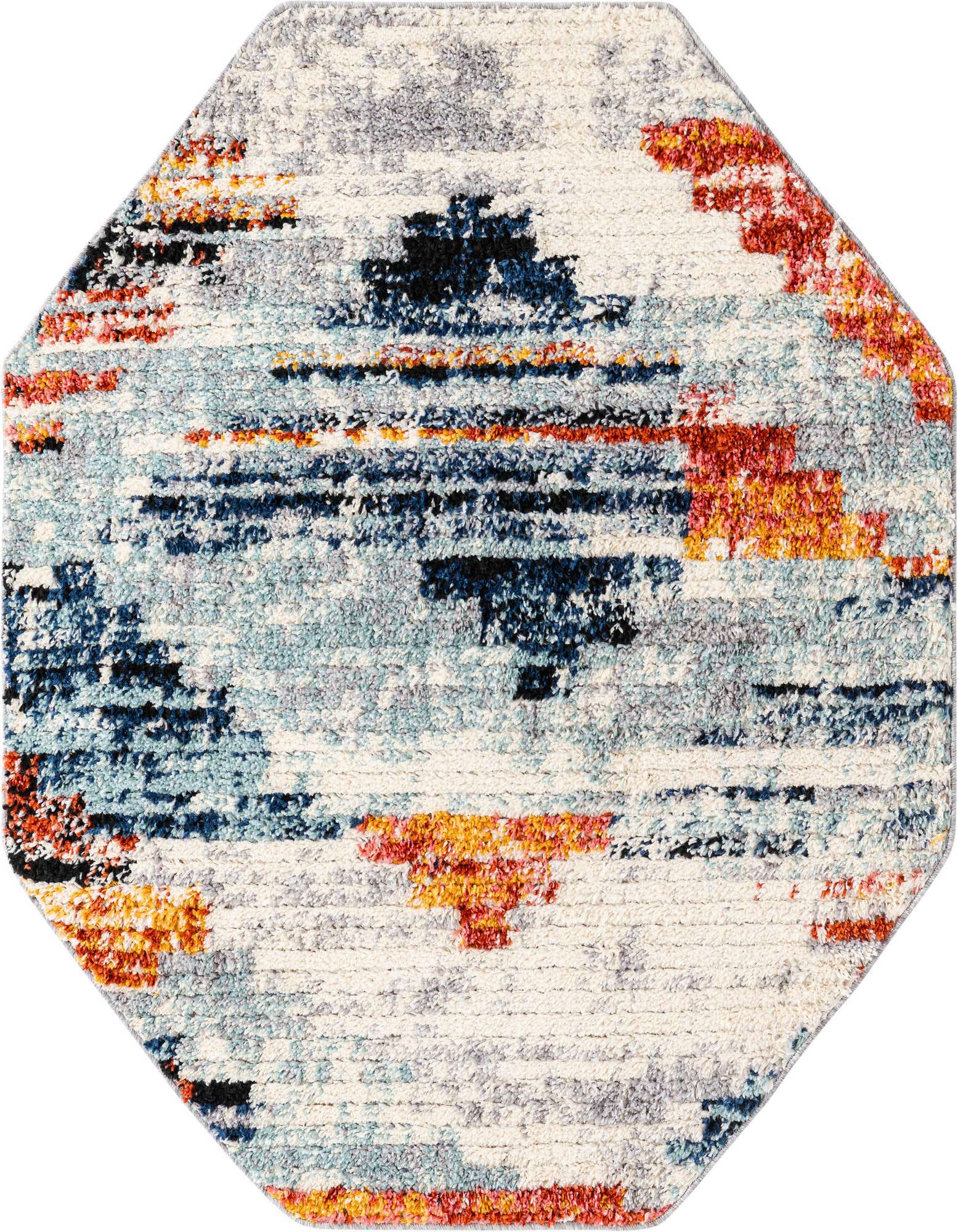 A 4' 0 x 4' 0 octagon shag rug featuring a modern abstract pattern in multi-colored hues including blue, orange, red, and grey.