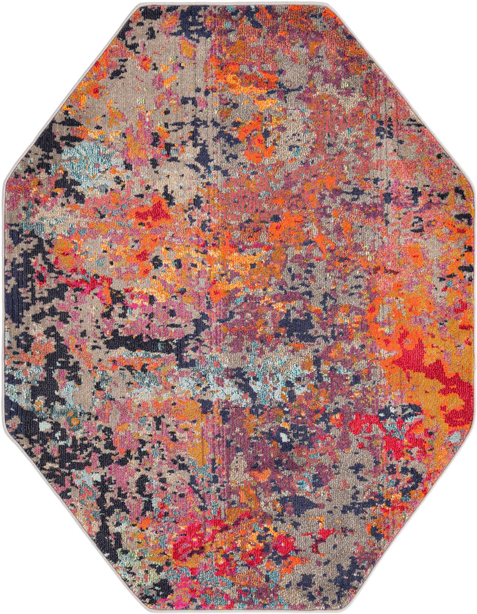 A 5'3" x 5'3" octagon rug with a modern abstract pattern in multi-colored hues including orange, pink, blue, and grey.