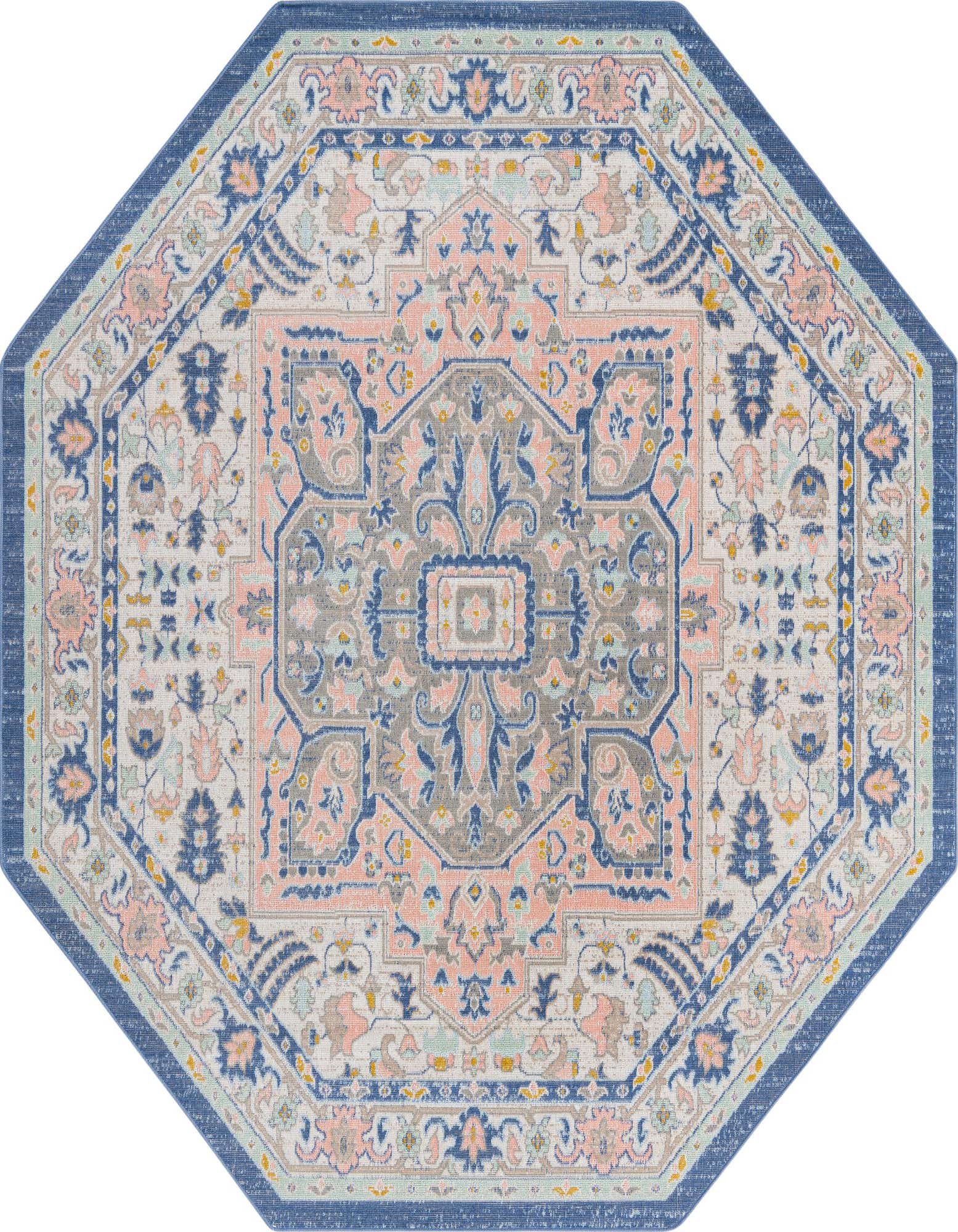 A 7' 0 x 7' 0 octagon rug with a multi-colored farmhouse vintage medallion pattern, featuring shades of blue, pink, and gray.