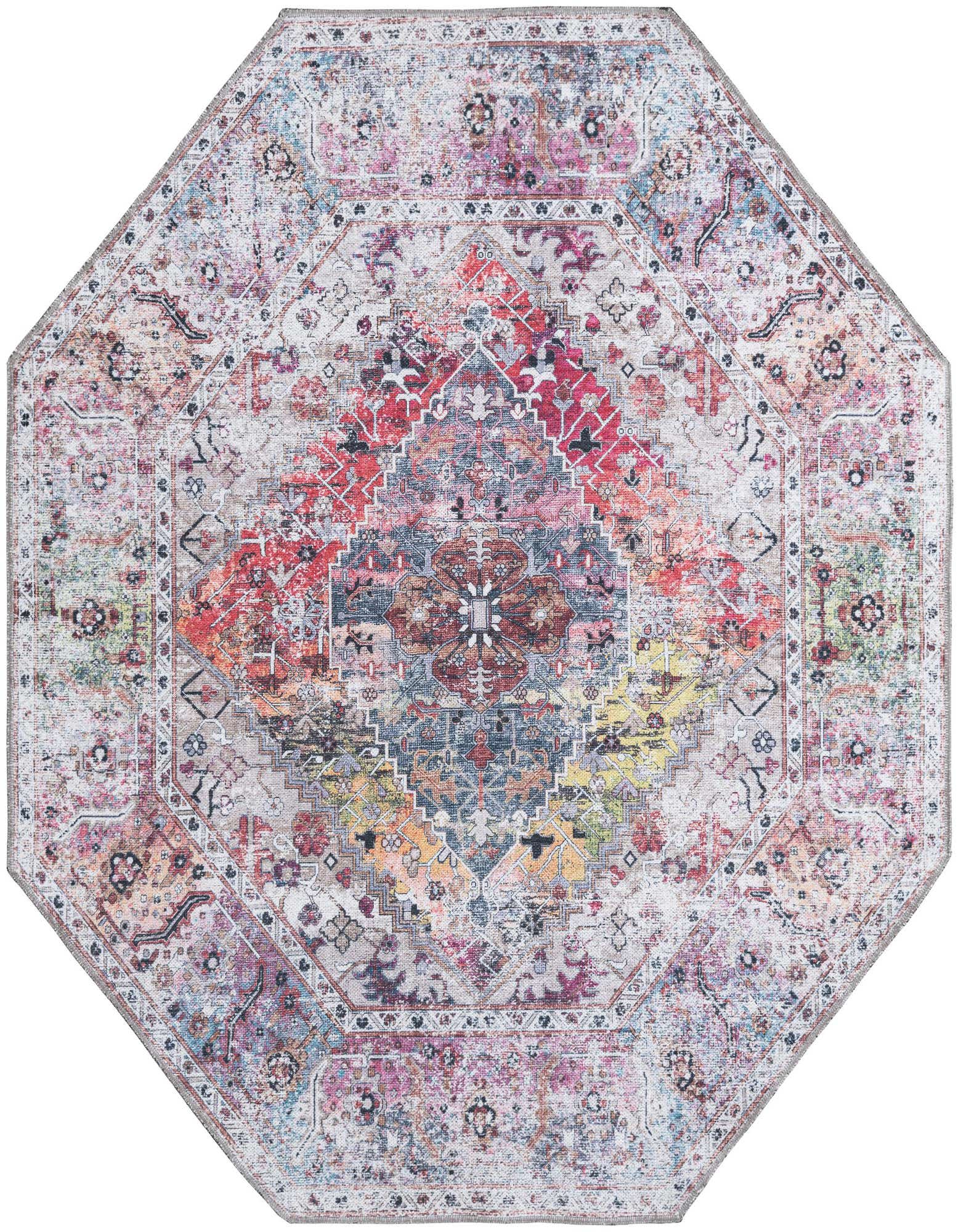 A 5' 0 x 5' 0 octagon rug featuring a vibrant, multi-colored tribal medallion pattern with a distressed finish.