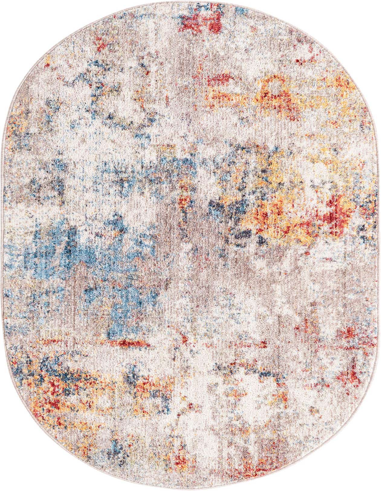 A 3' 3 x 5' 3 oval multi-colored Bohemian rug with an abstract pattern, featuring shades of blue, red, orange, and yellow on a light background.