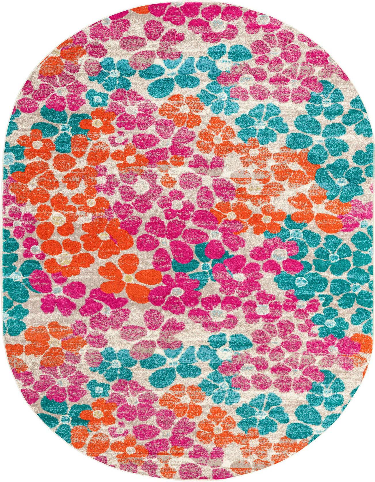 A vibrant 5'3" x 8'0" oval rug with a modern floral pattern in hot pink, orange, and teal on a light background.