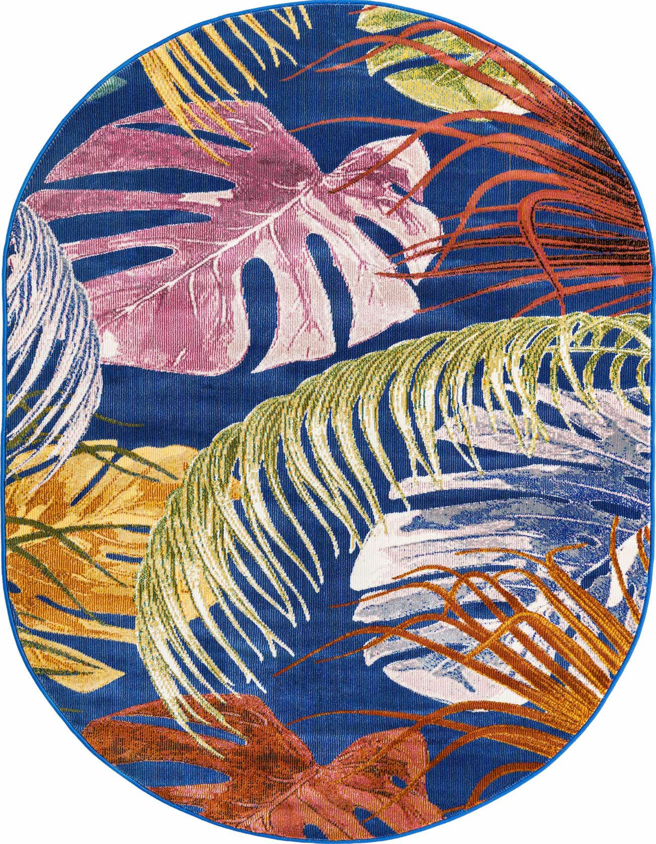 A 4'x6' oval rug with a vibrant multi-colored botanical pattern featuring large pink, green, and orange tropical leaves on a deep blue background.