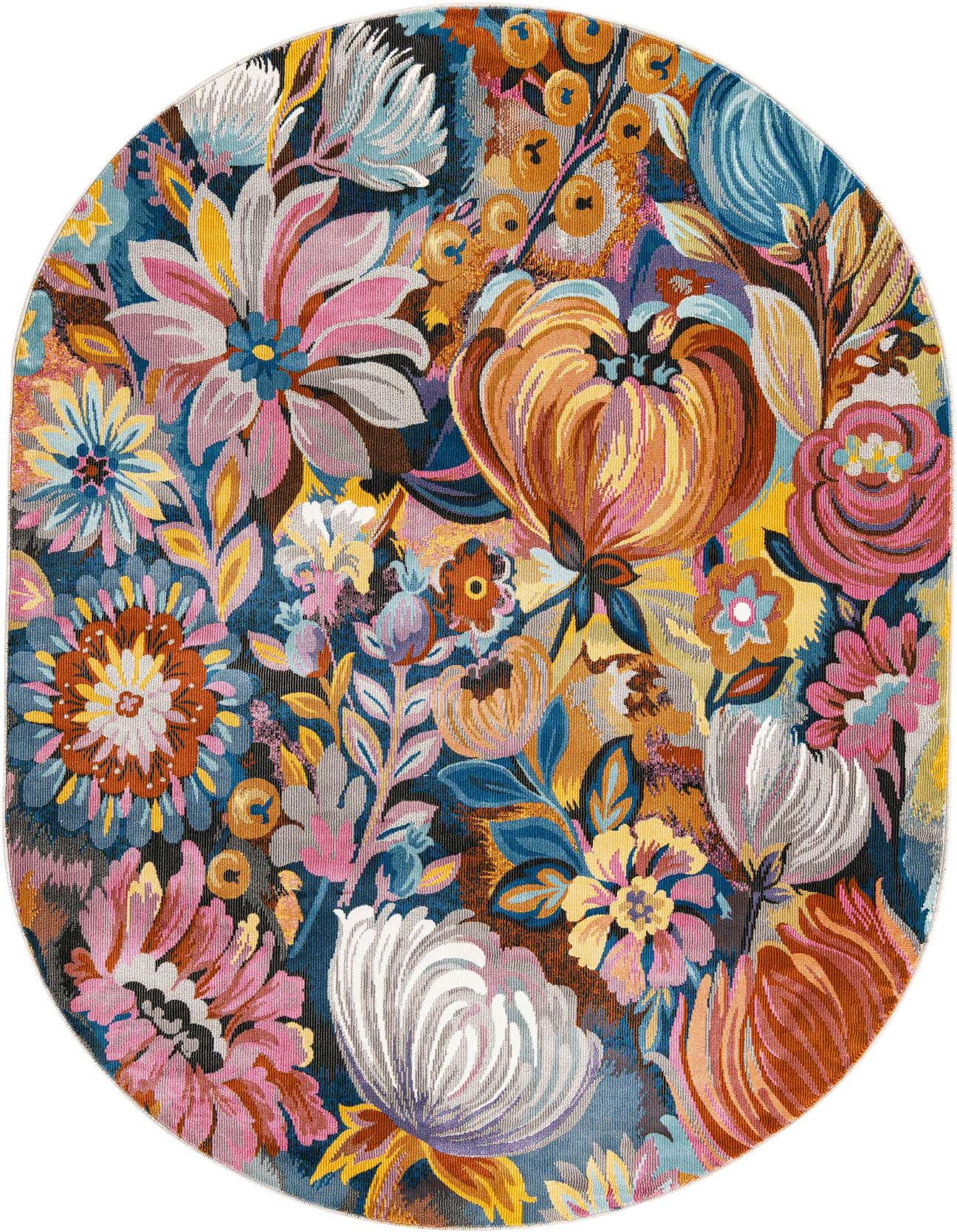 A vibrant 5'3" x 7'10" oval rug with a multi-colored tropical floral pattern, featuring large blooms in pink, orange, yellow, and blue on a dark background.