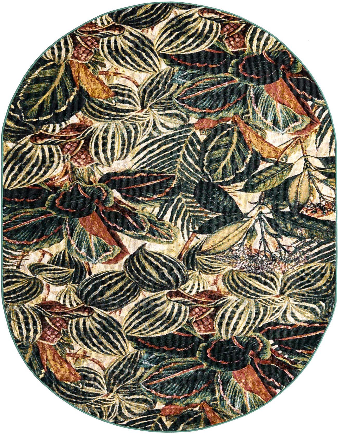 An oval, multi-colored botanical rug with a dense pattern of green, brown, and cream leaves, perfect for an indoor living space.