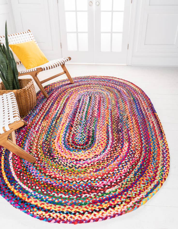 Detail image of  5' 1 x 8'  Hand Braided Chindi Oval Rug
