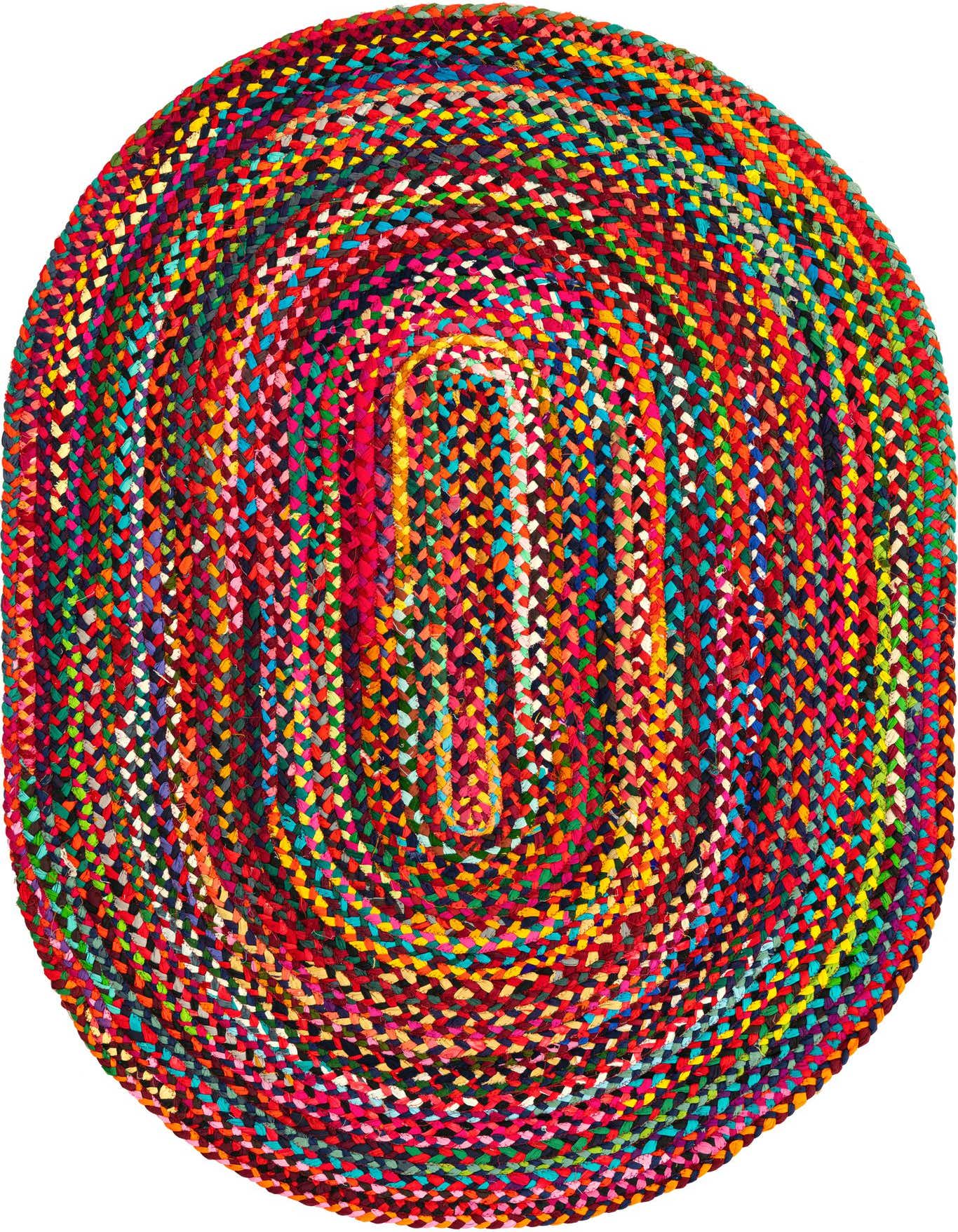 A vibrant, multi-colored oval braided chindi rug made from recycled cotton, featuring a textured flatweave.