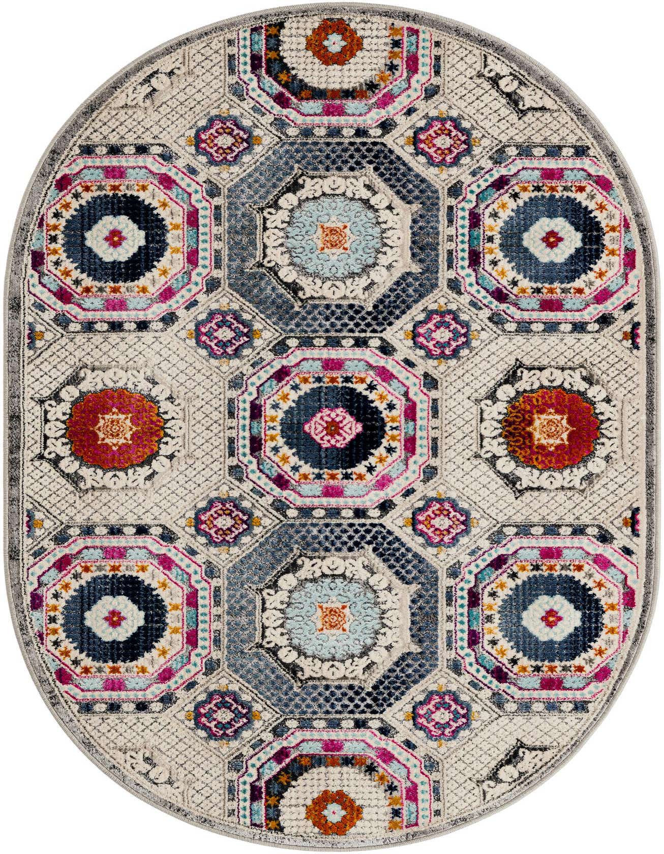 A vibrant 3' 7 x 5' 3 oval rug with a multi-colored geometric pattern, featuring shades of blue, pink, orange, and white.