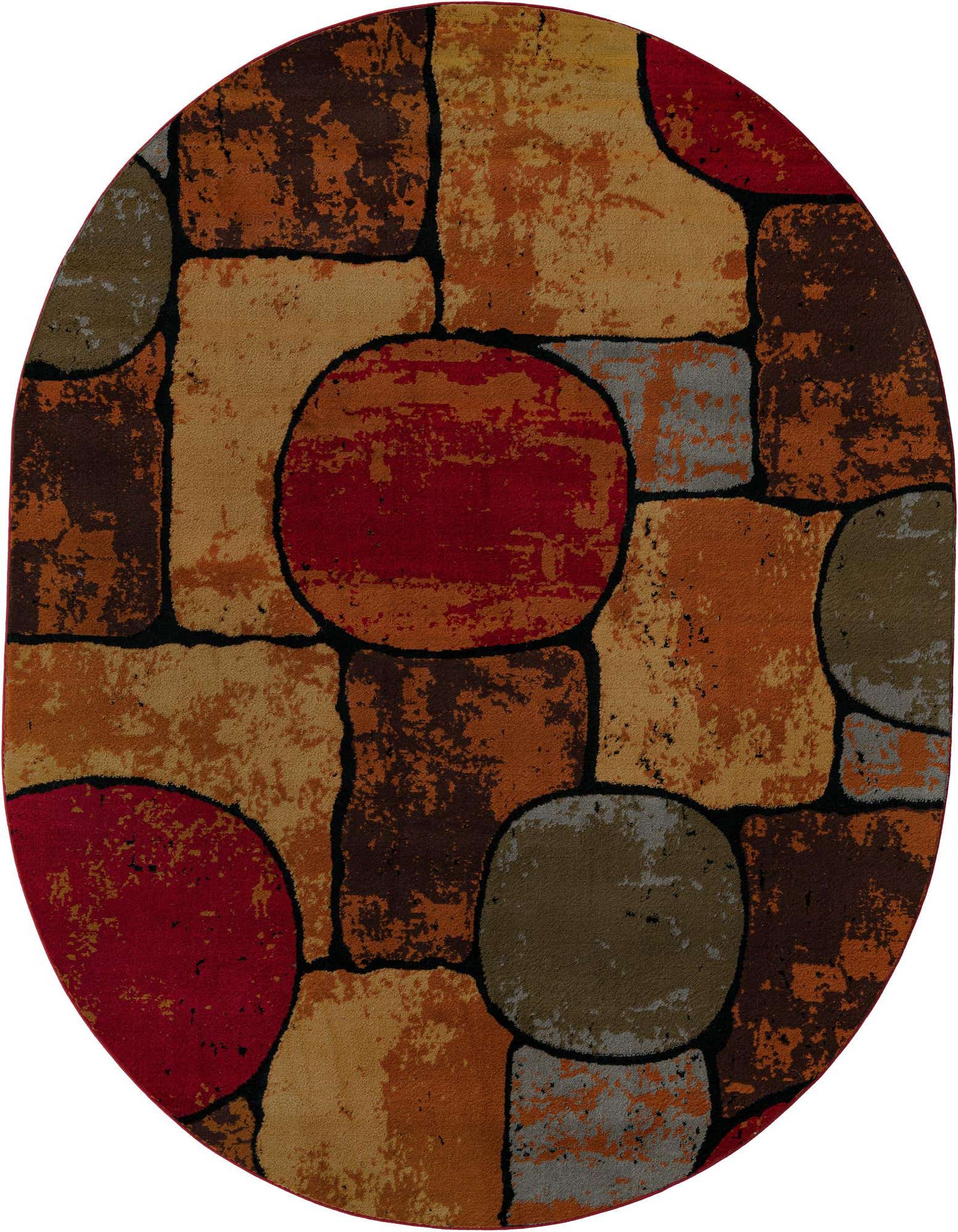 A multi-colored oval rug featuring a modern abstract pattern of various sized blocks and circles in shades of red, orange, brown, and grey.