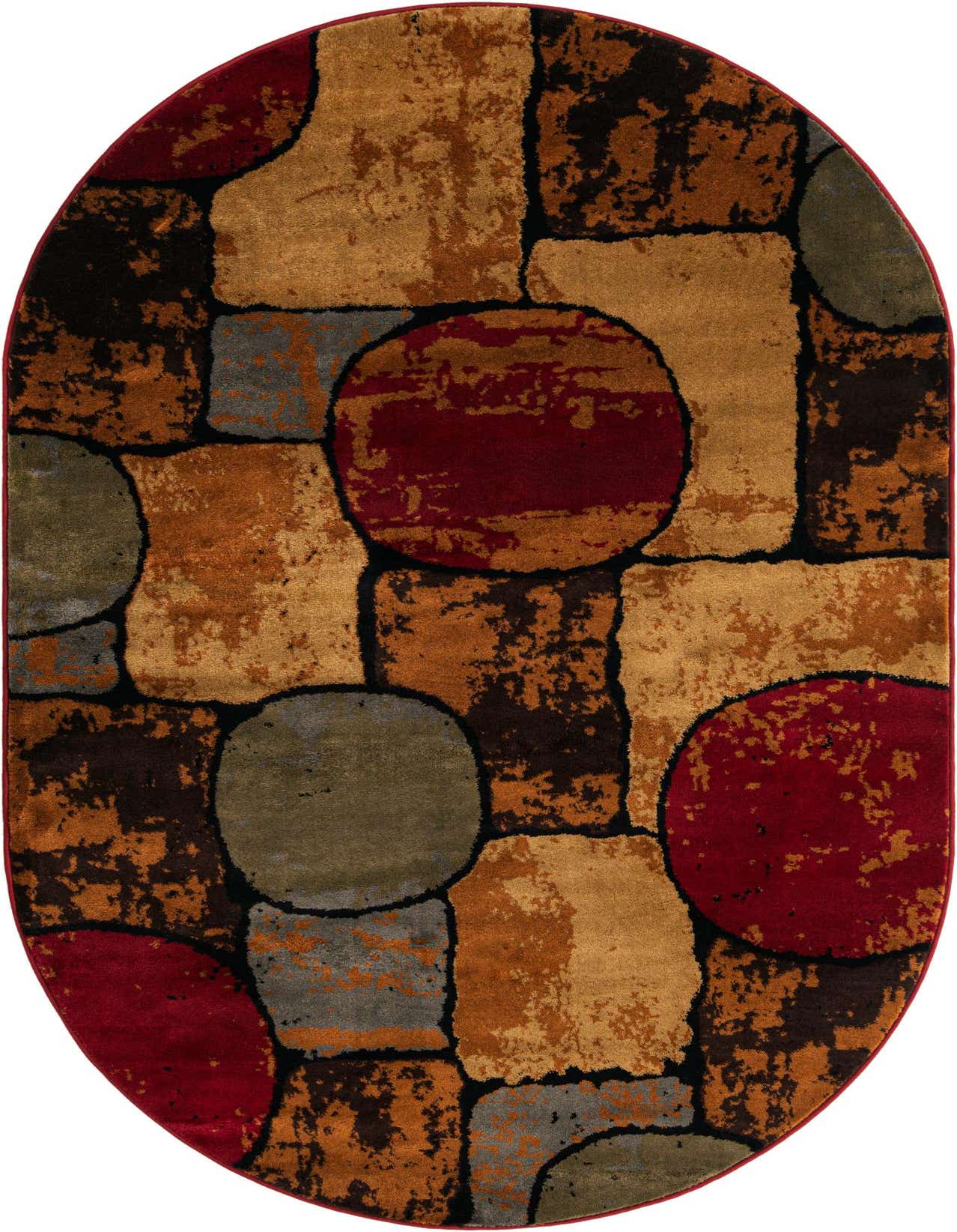 Oval multi-colored modern abstract rug featuring large shapes in red, gold, brown, and grey, outlined in black.