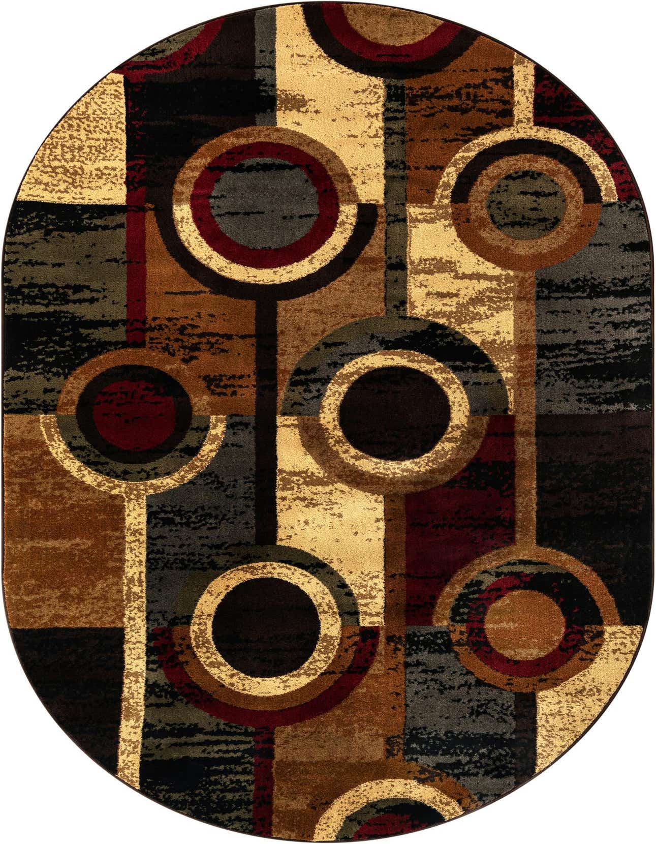 A 5' 3 x 8' 0 oval rug with a modern abstract pattern in multi-colored hues including black, brown, gold, and red circles and geometric blocks.
