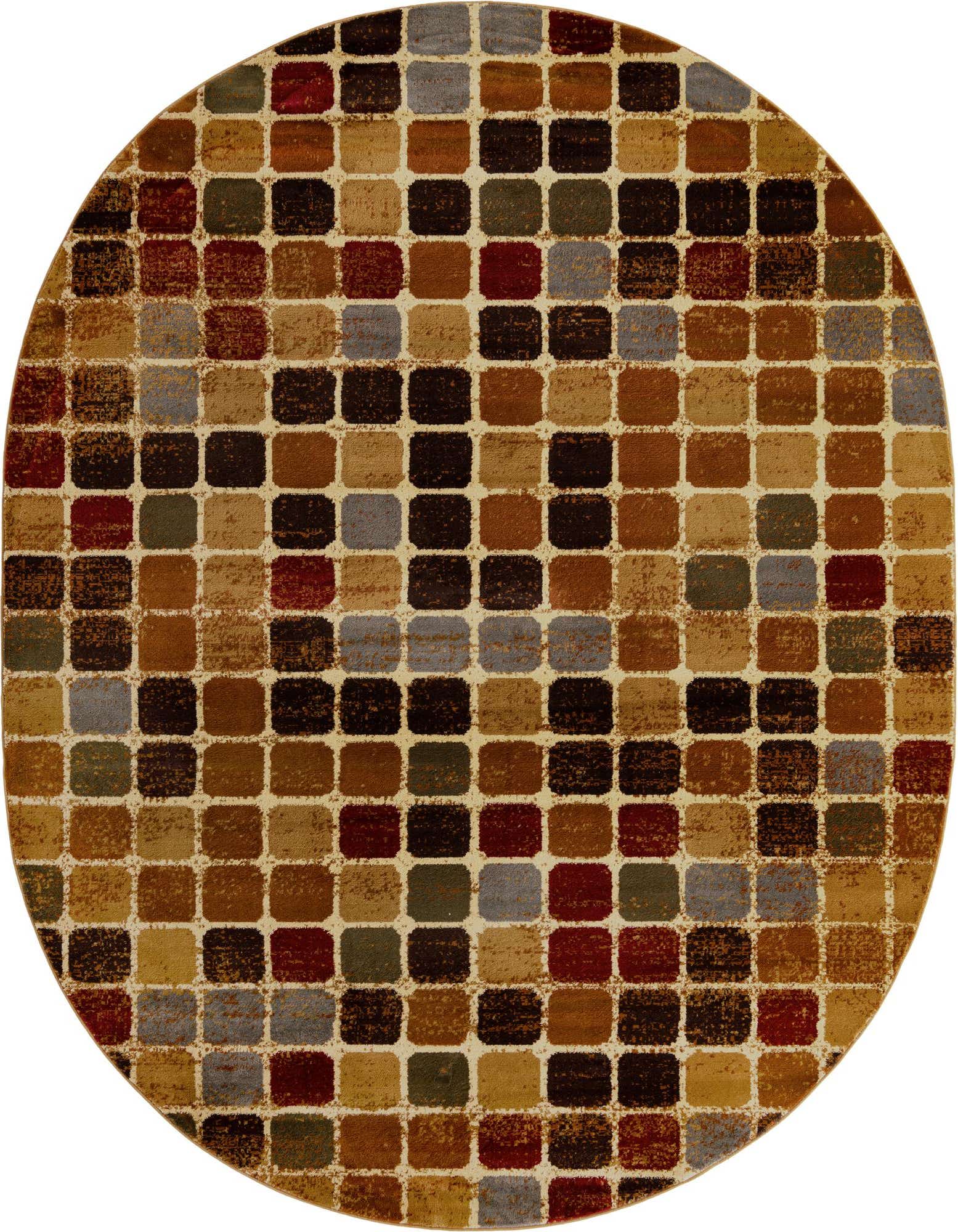 A 7' 10 x 10' 0 oval rug featuring a modern multi-colored mosaic pattern with squares in shades of brown, red, green, and grey on a light background.