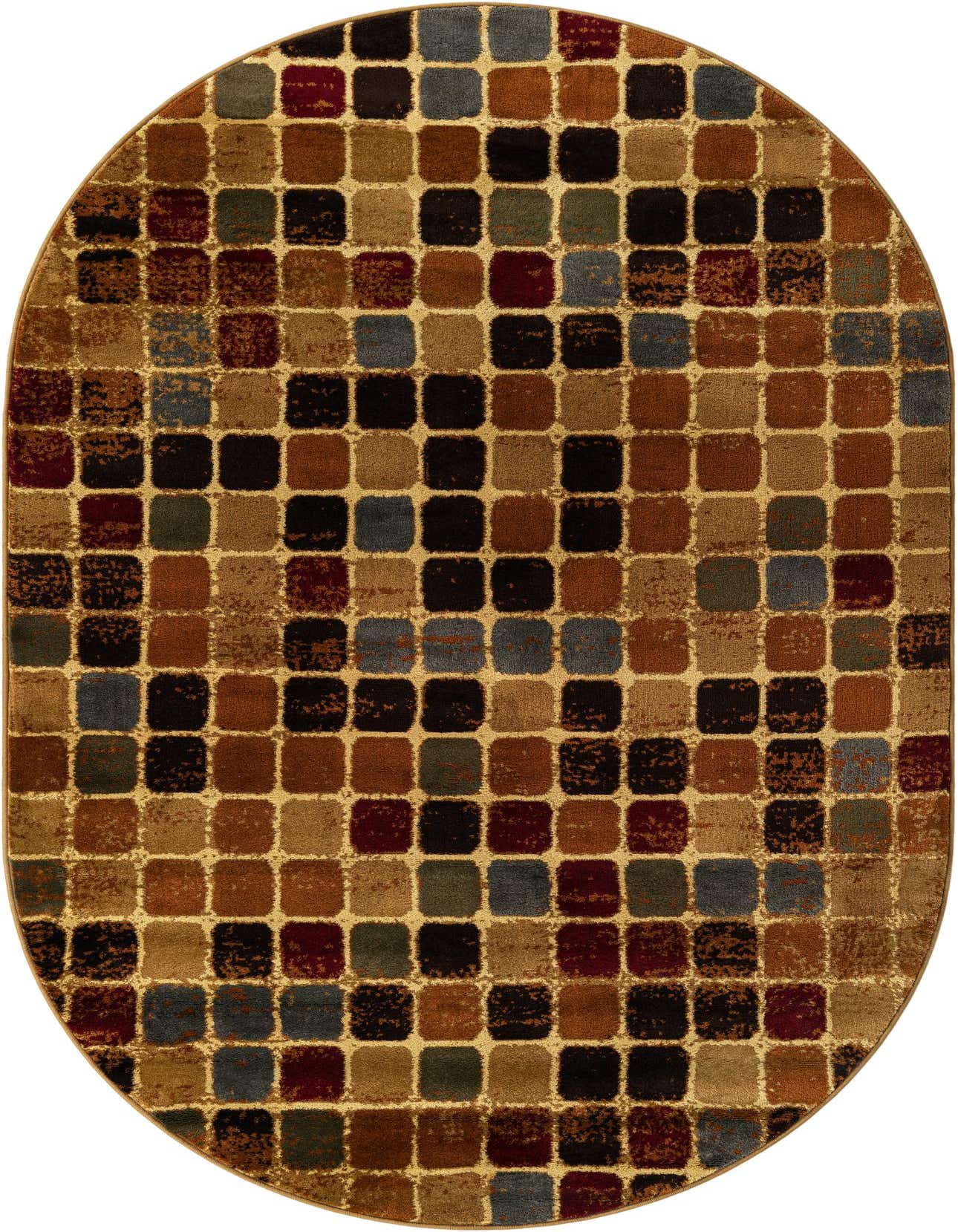 A 5' 3 x 8' 0 oval rug featuring a modern multi-colored checkerboard pattern with squares in shades of brown, beige, maroon, and blue.