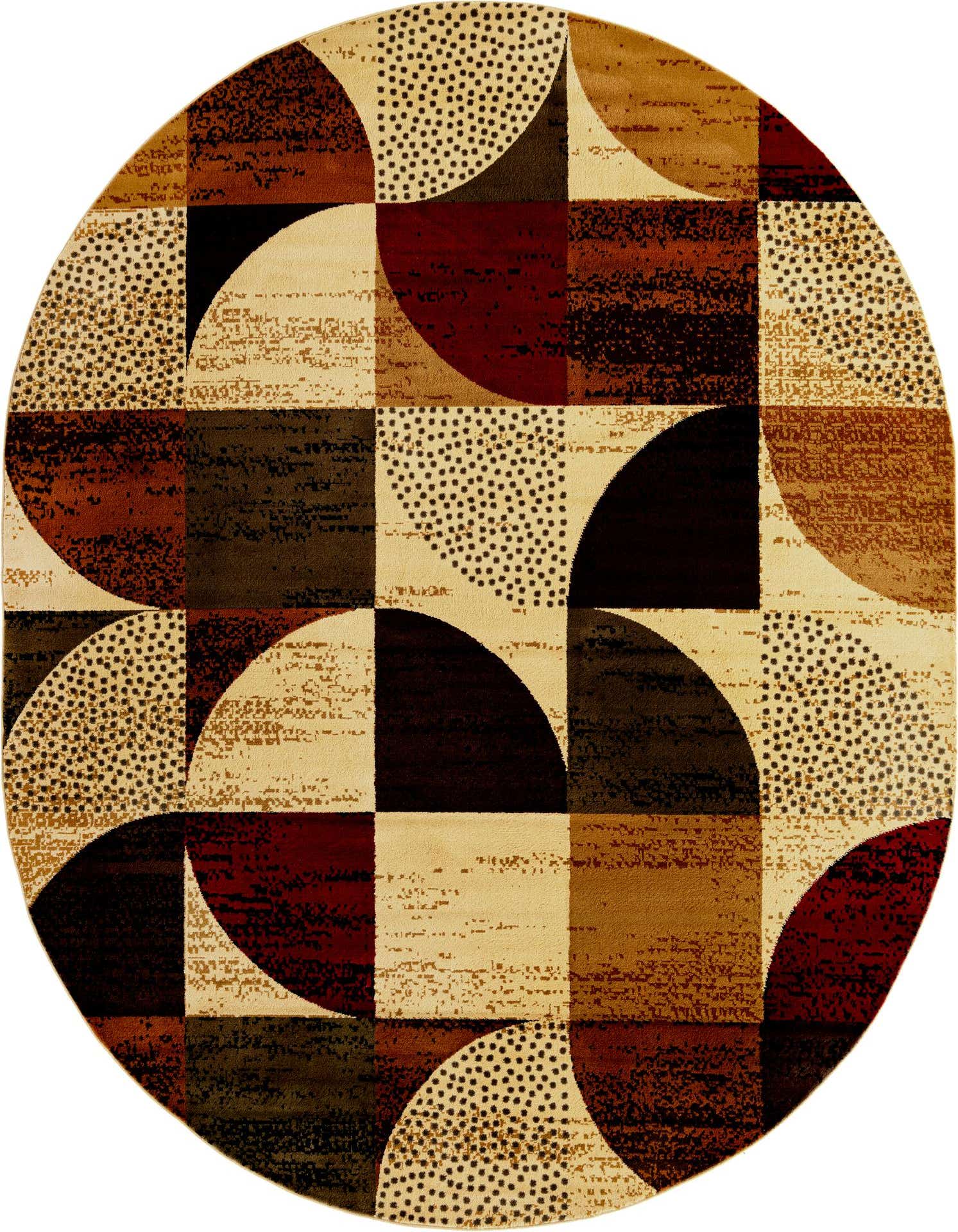 A 5'3" x 8'0" oval multi-colored modern rug with geometric shapes and dotted patterns in shades of brown, beige, black, and red.