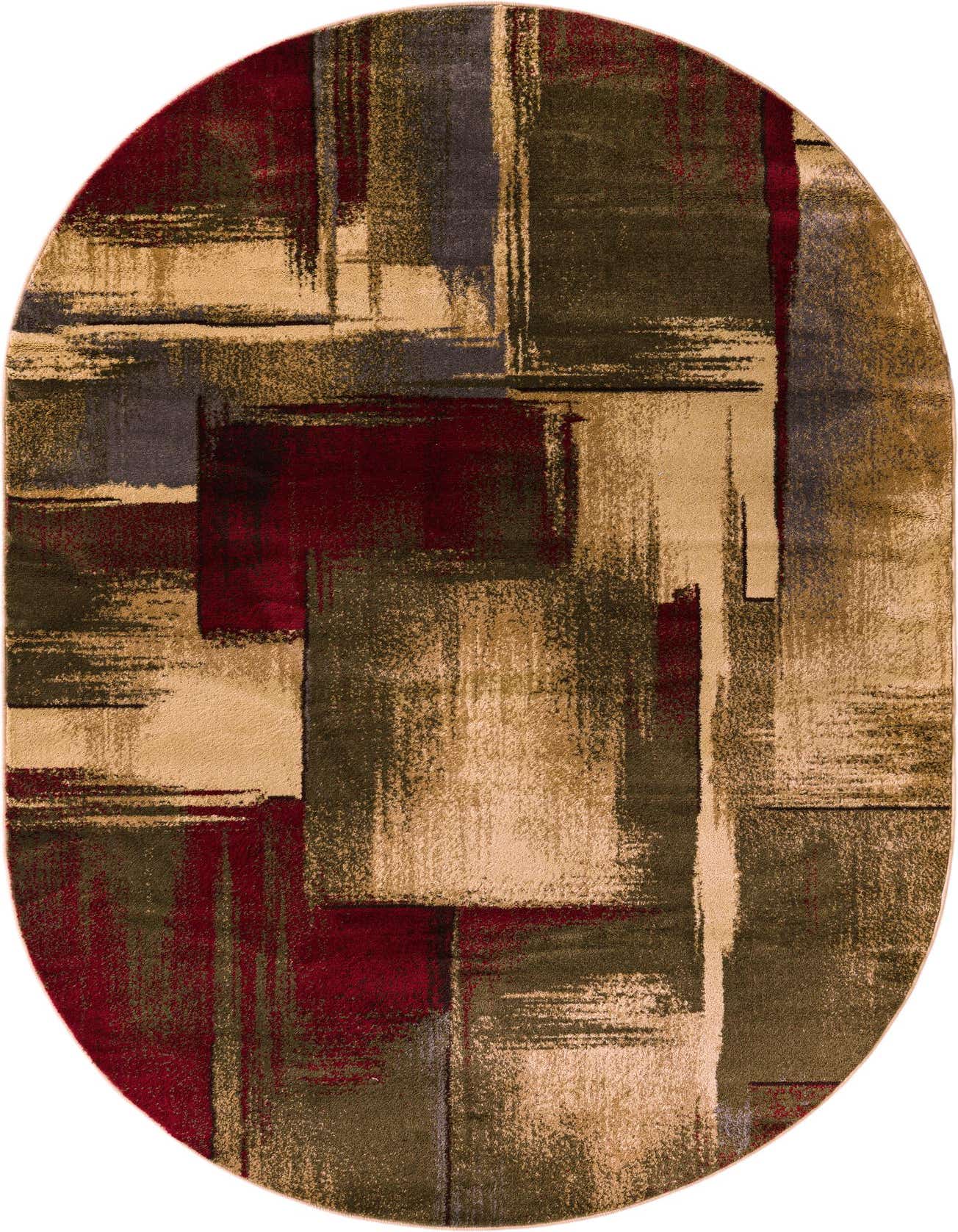 An oval multi-colored rug with an abstract, transitional design featuring brushstroke-like blocks of beige, dark red, olive green, and gray.