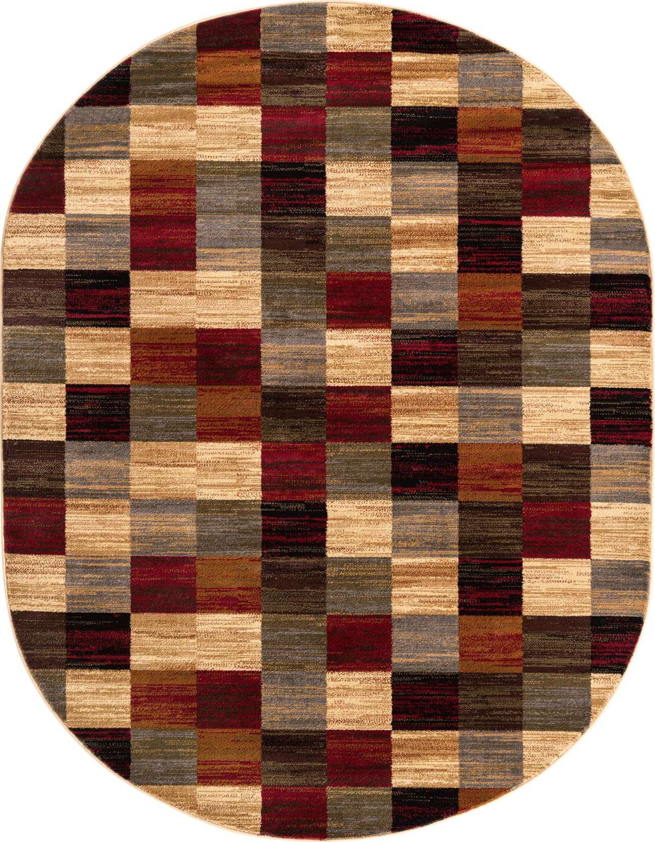 An oval multi-colored rug featuring a modern checkered pattern in shades of red, brown, beige, and gray.