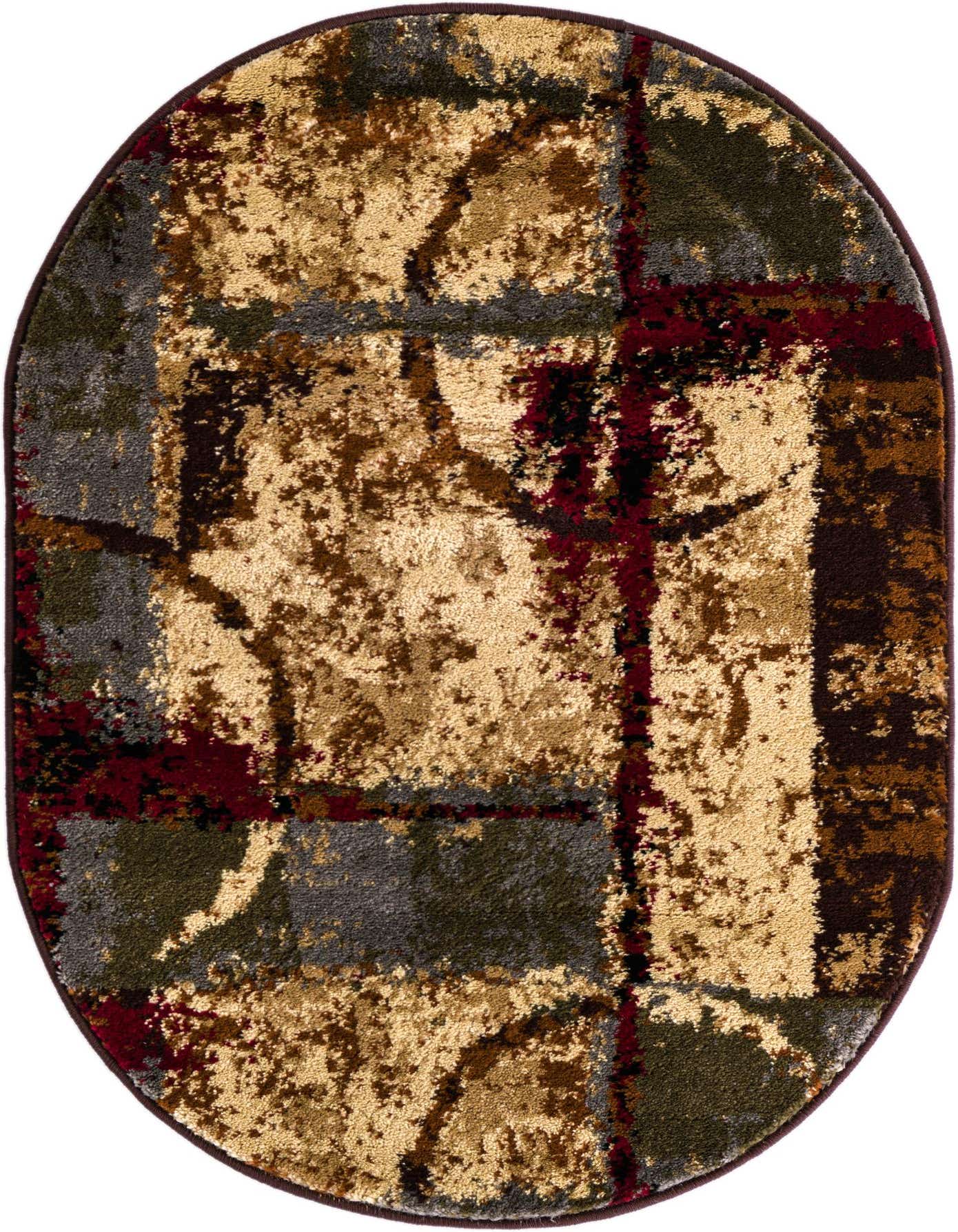 A 2'x3' oval Cafe Collection rug featuring a multi-colored abstract pattern with shades of gold, brown, grey, and deep red.
