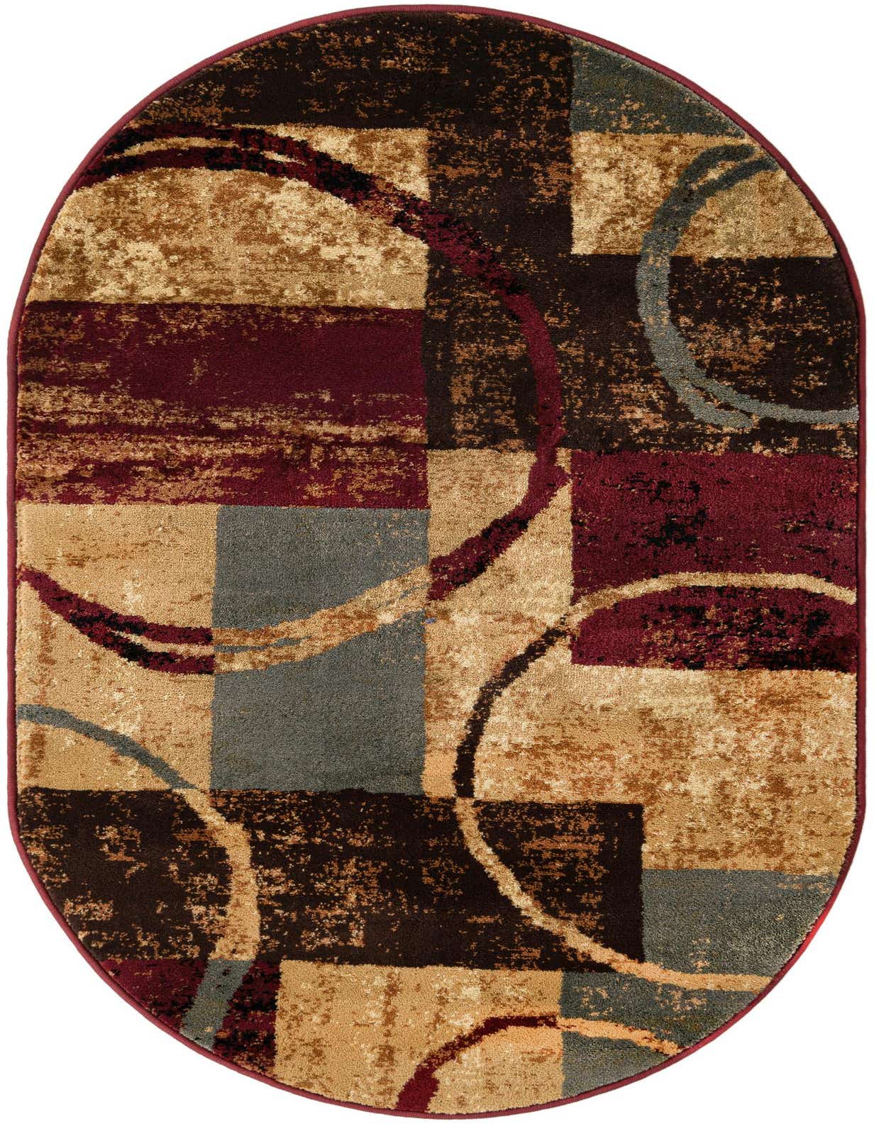 An oval multi-colored rug featuring abstract blocks of brown, beige, maroon, and gray with curving lines, ideal for a living room or bedroom.