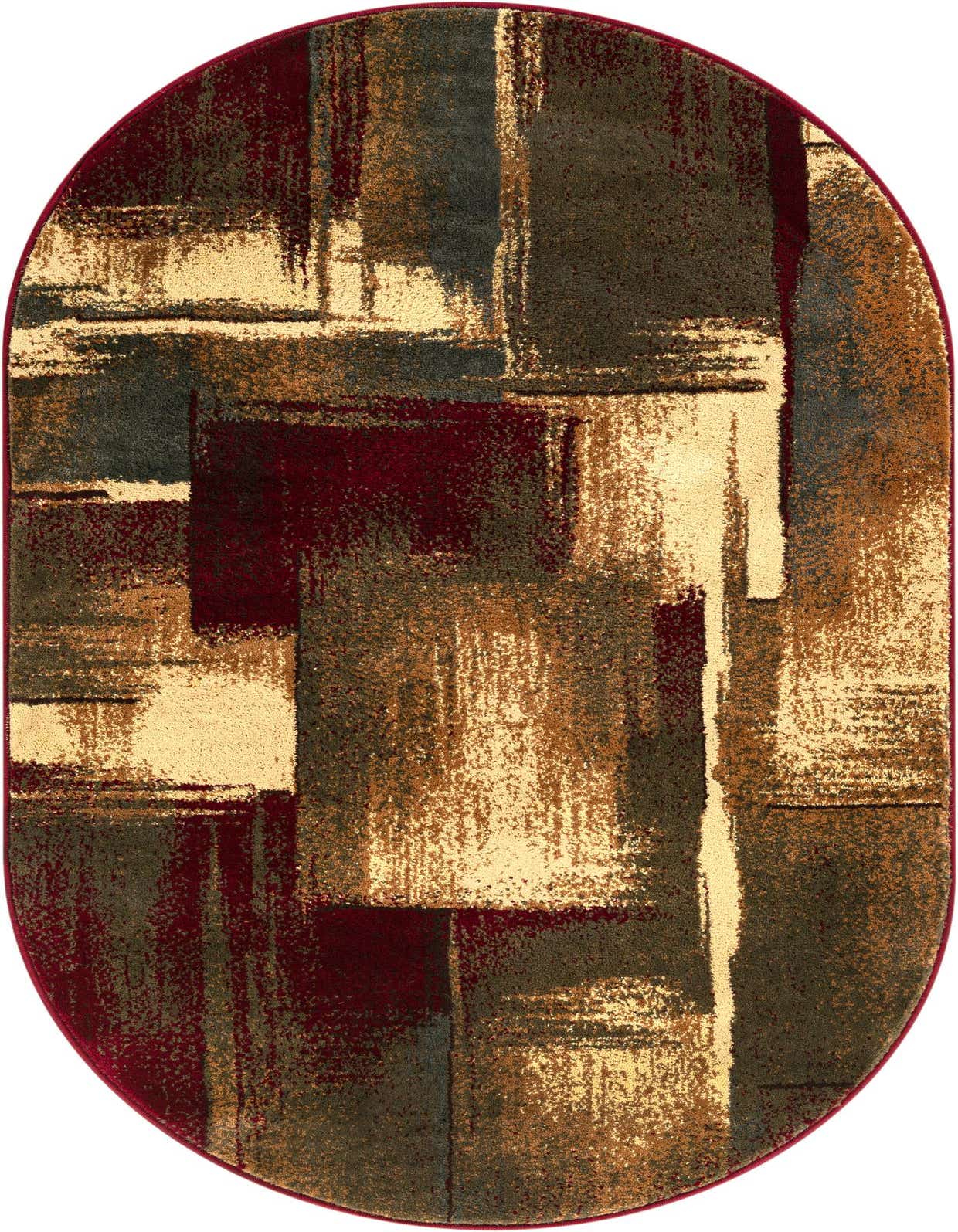 A 3' 1 x 5' 3 oval rug with a modern abstract pattern in multi-colored hues including gold, deep red, and dark gray, featuring a subtle red border.