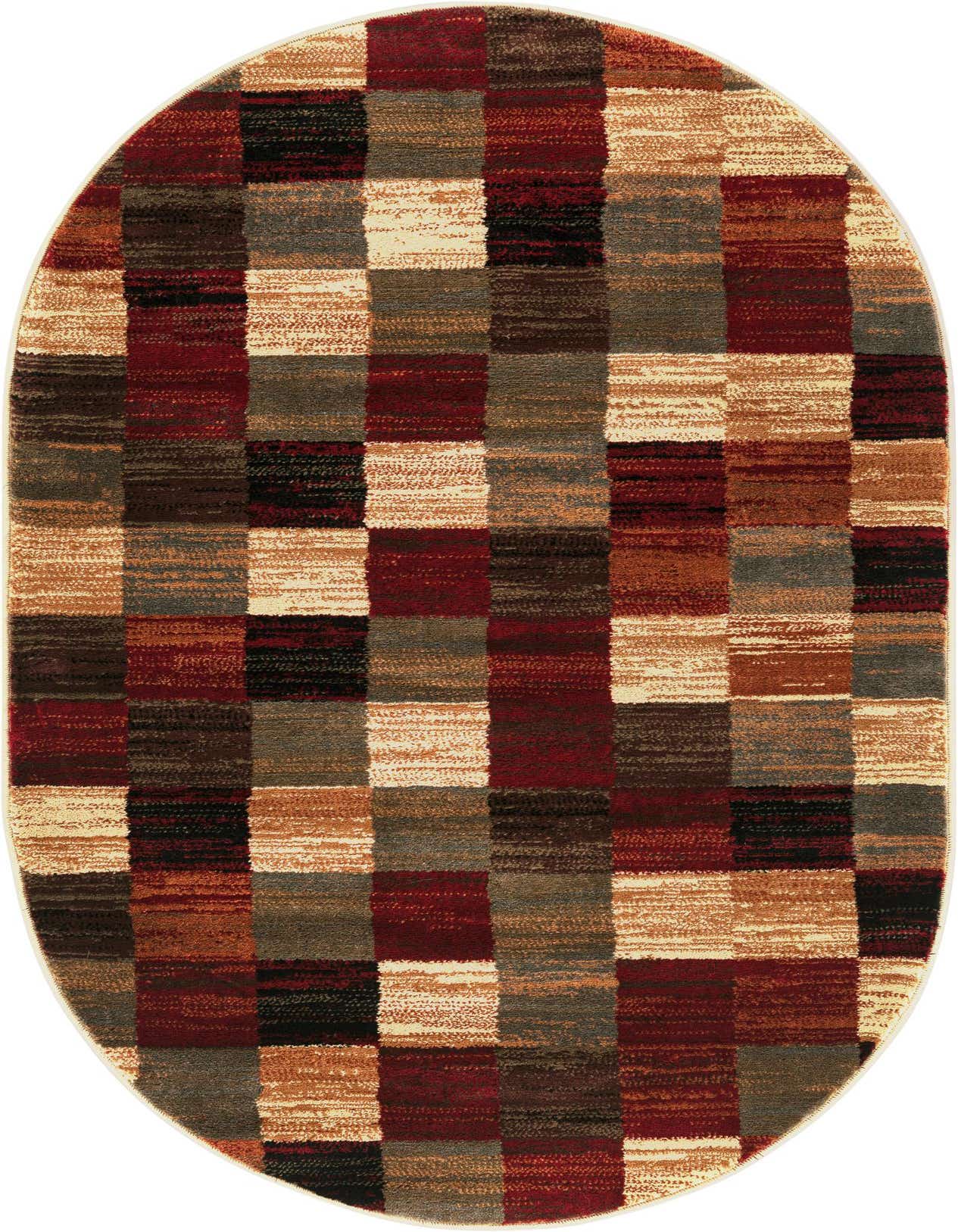 Oval rug with a multi-colored checkerboard pattern in shades of red, brown, black, grey, and cream.