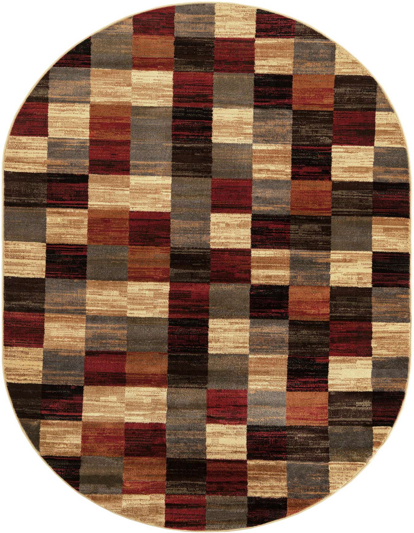Oval multi-colored rug featuring a checkered pattern with blocks of red, beige, brown, and gray, suitable for a patio.